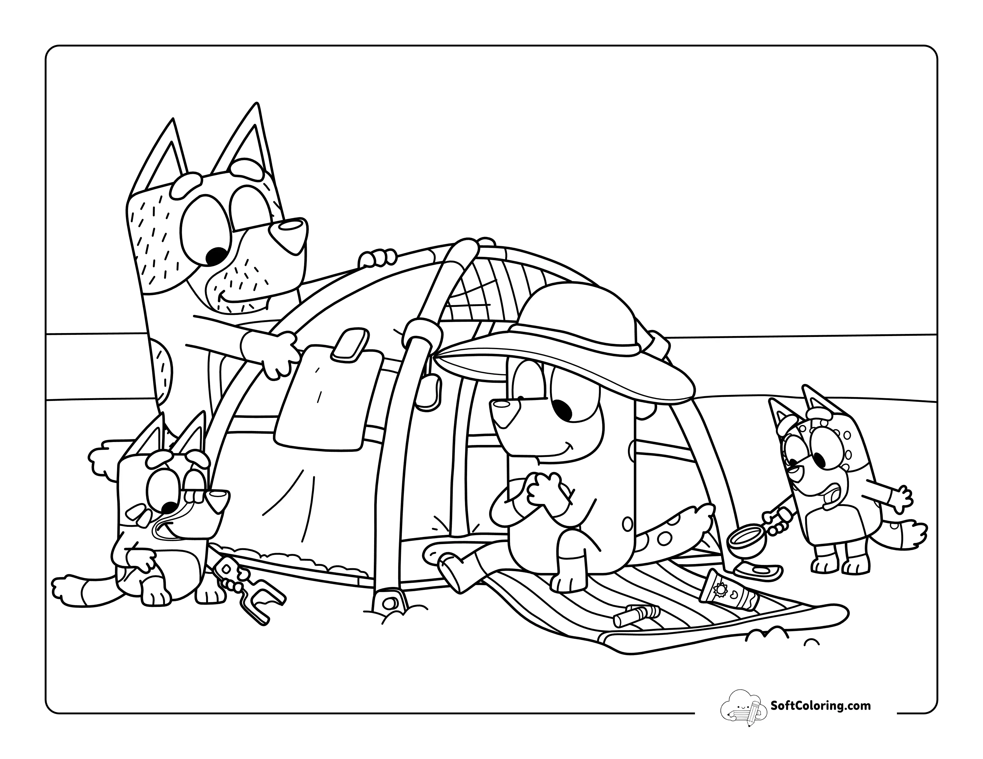 Bluey Family Inspired Summer Beach Coloring Page