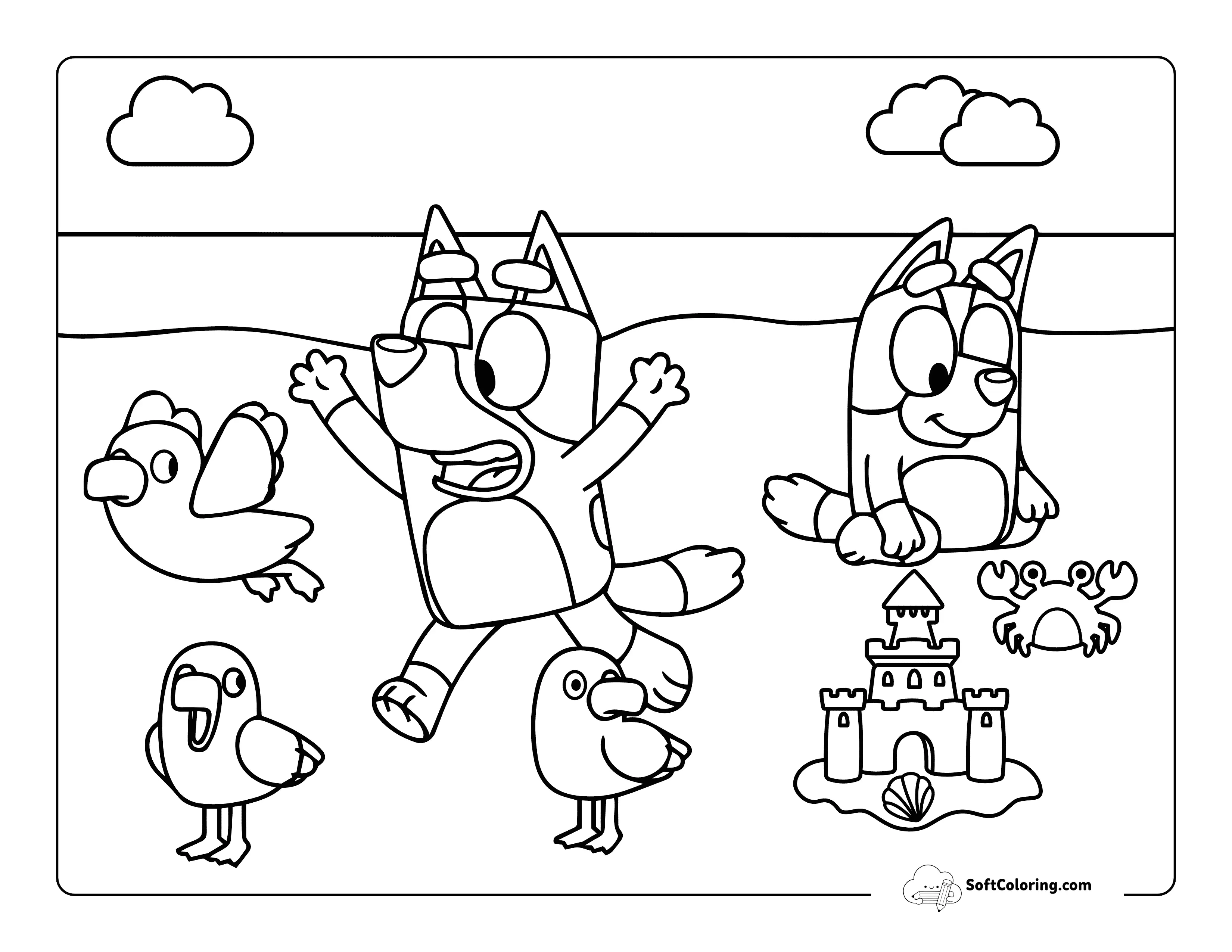 Cute Bluey And Bingo-Inspired Drawing Beach Coloring Printable