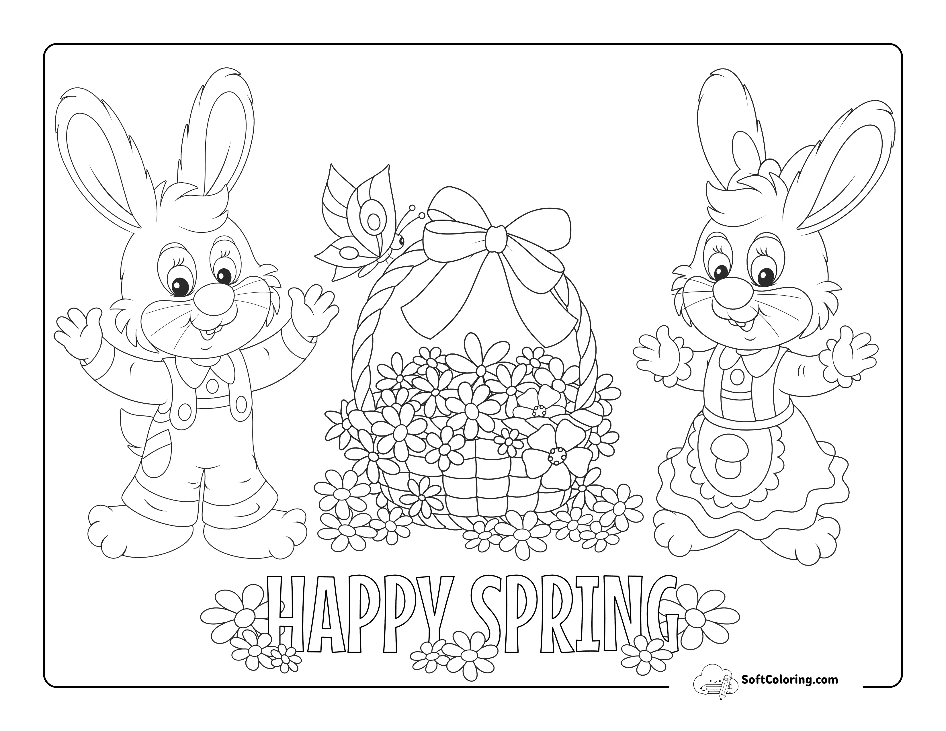 Detailed "Happy Spring" Bunnies With Flower Basket