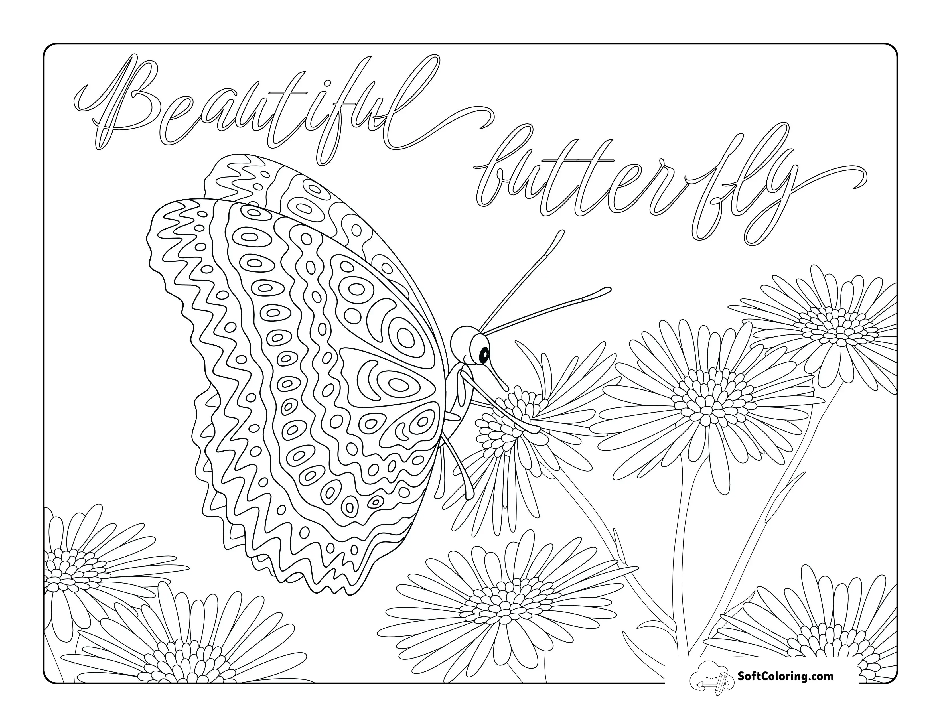Beautiful Butterfly With Daisies Adult Coloring Sheet