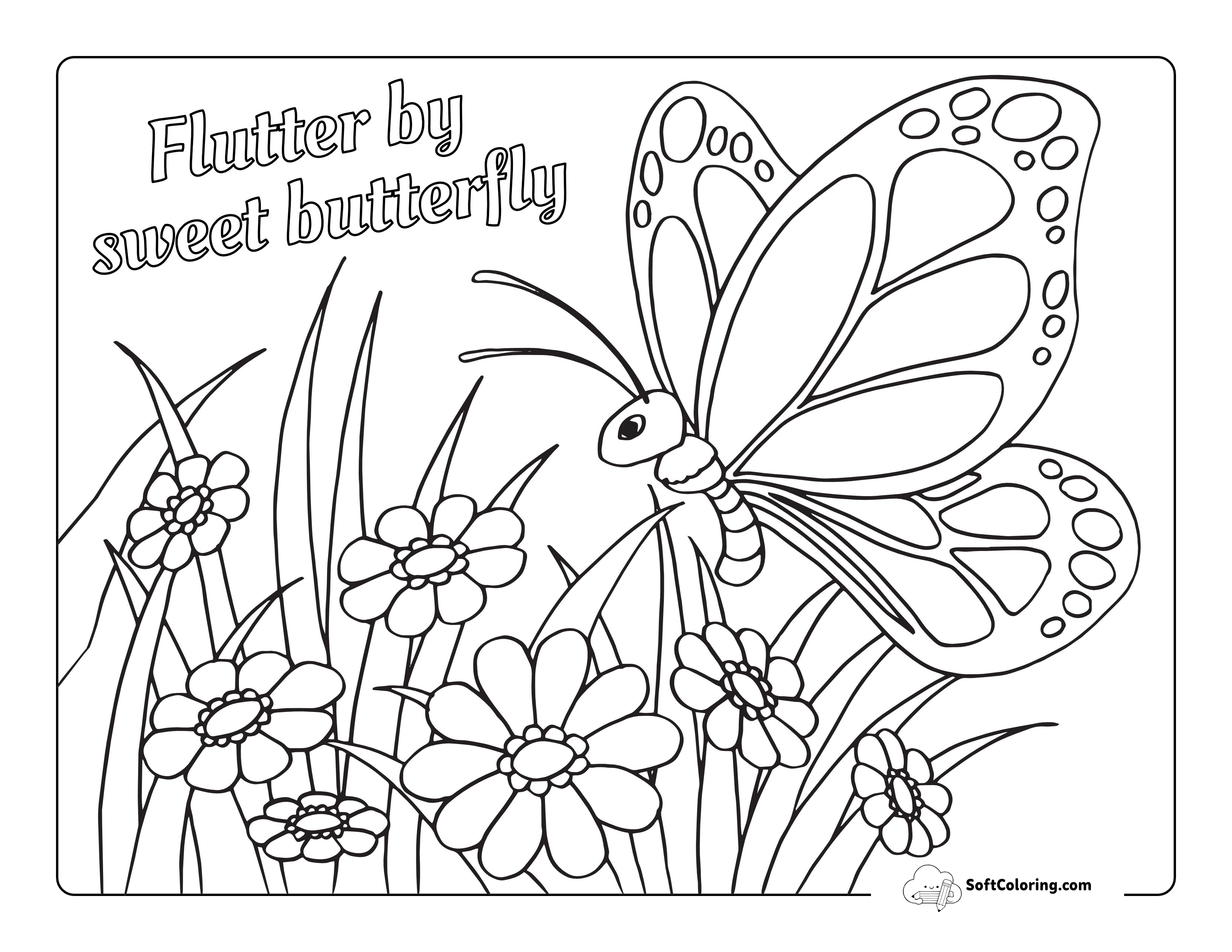 Butterfly In The Flowers Coloring Sheet For Kids