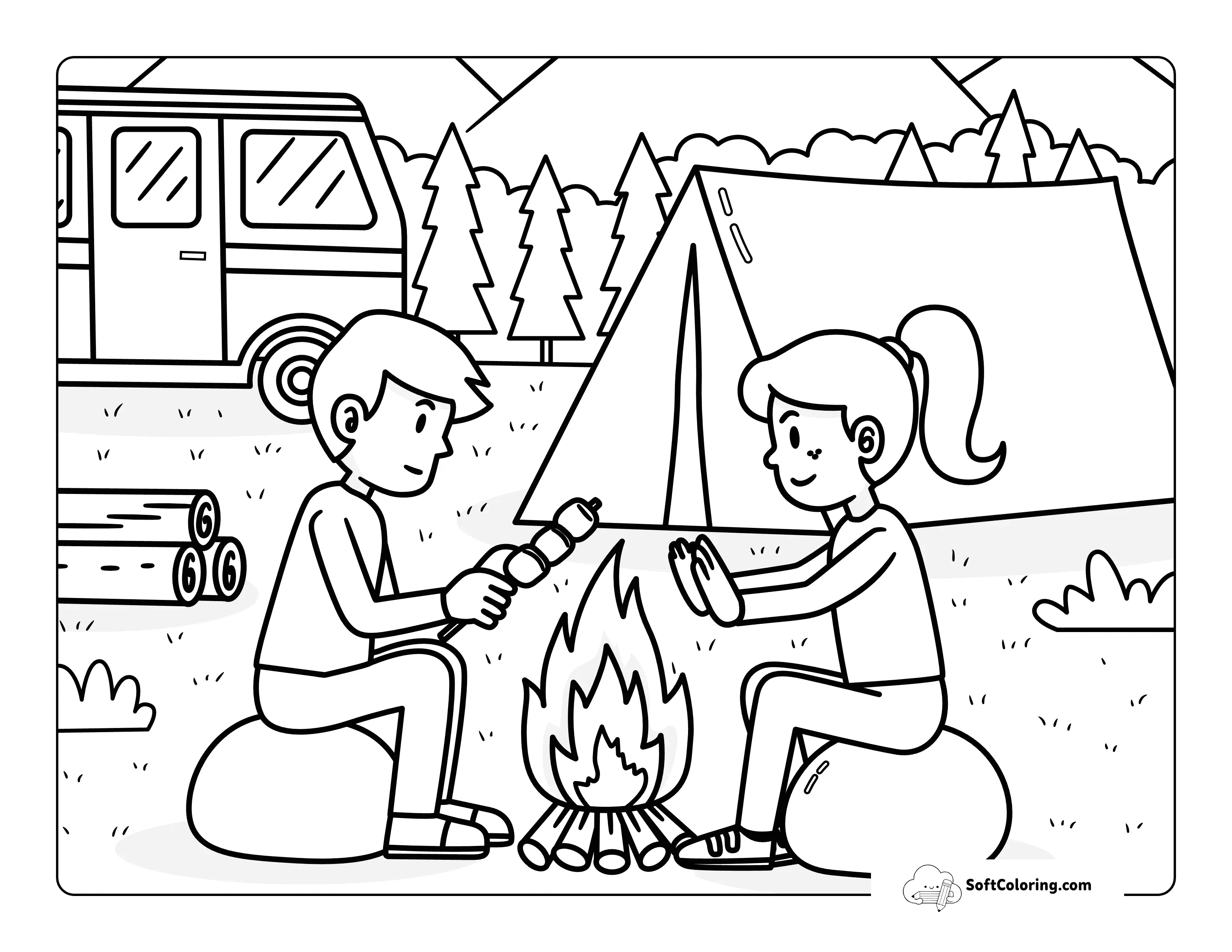 Easy Couple Cozy Camping Coloring Page