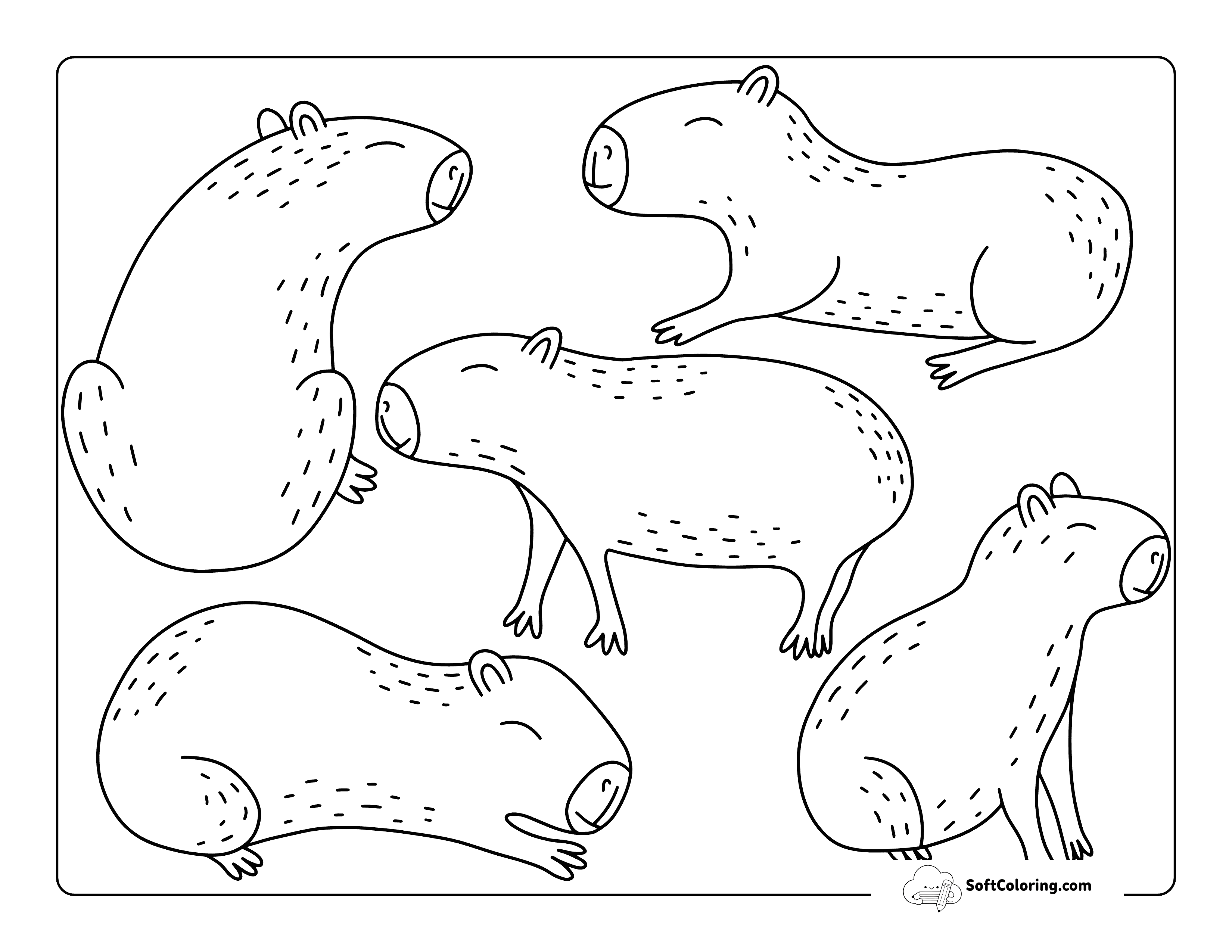Easy Cute Capybara Friends Printable To Color