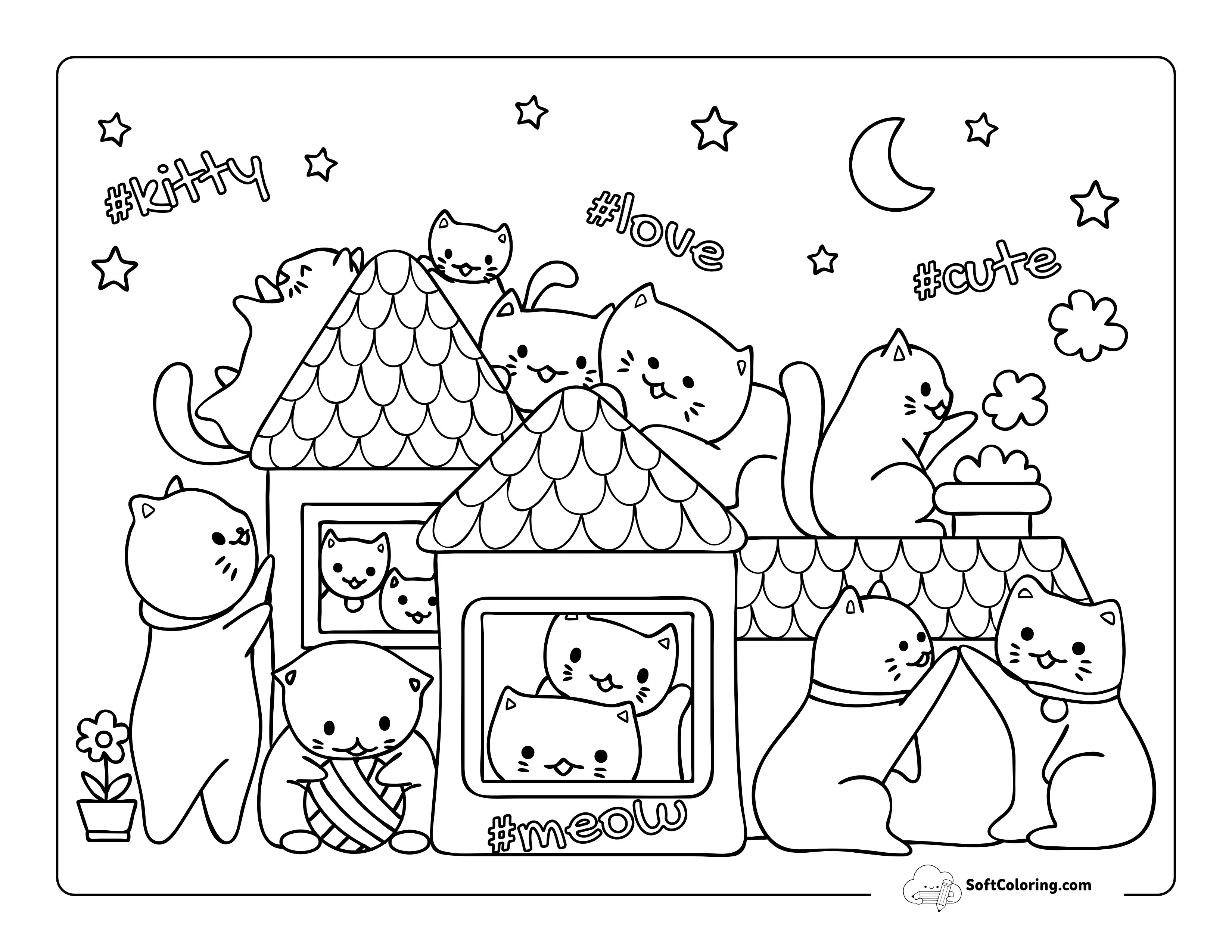 Cute Kawaii Kittens Coloring Page For Kids