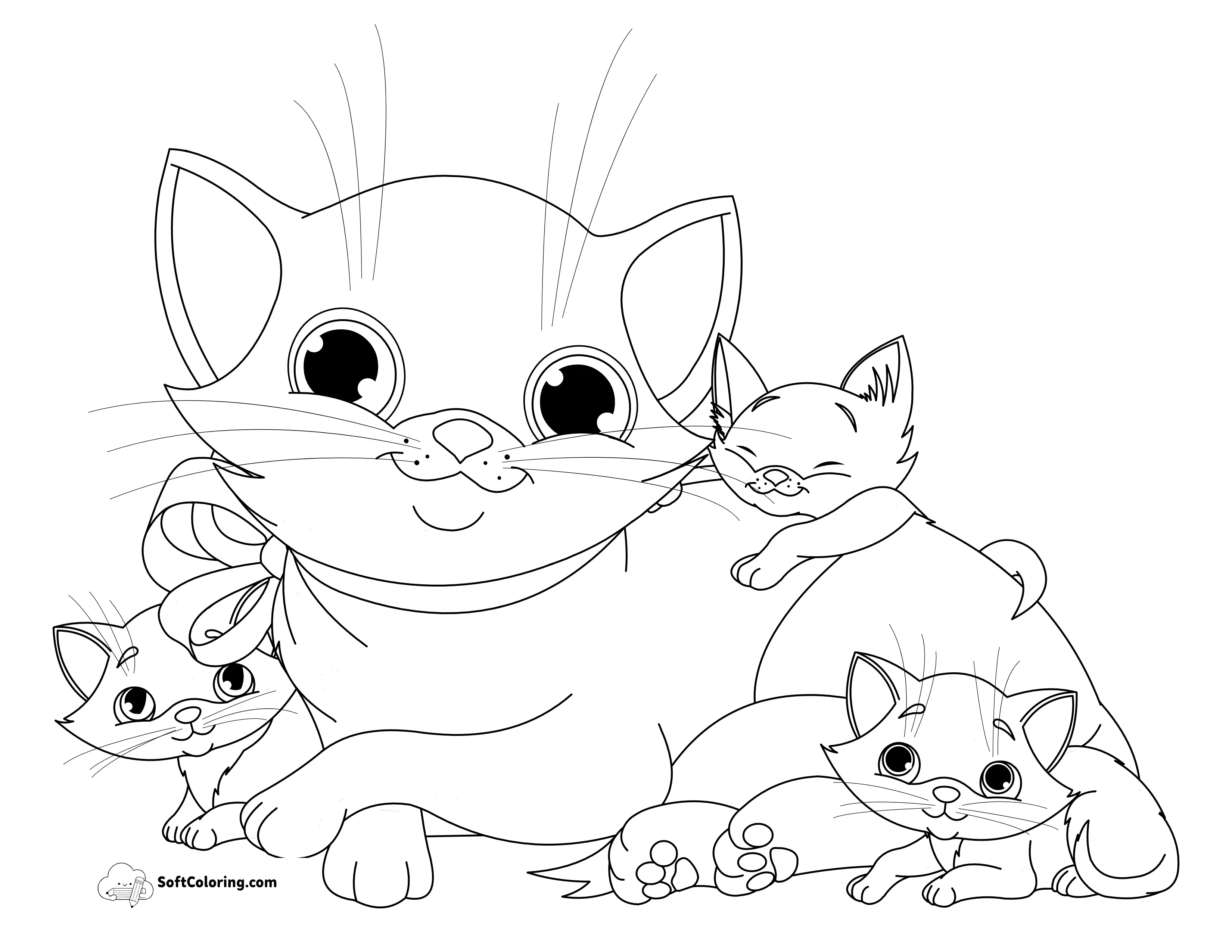 Cute Mother Cat With Kittens Coloring Page
