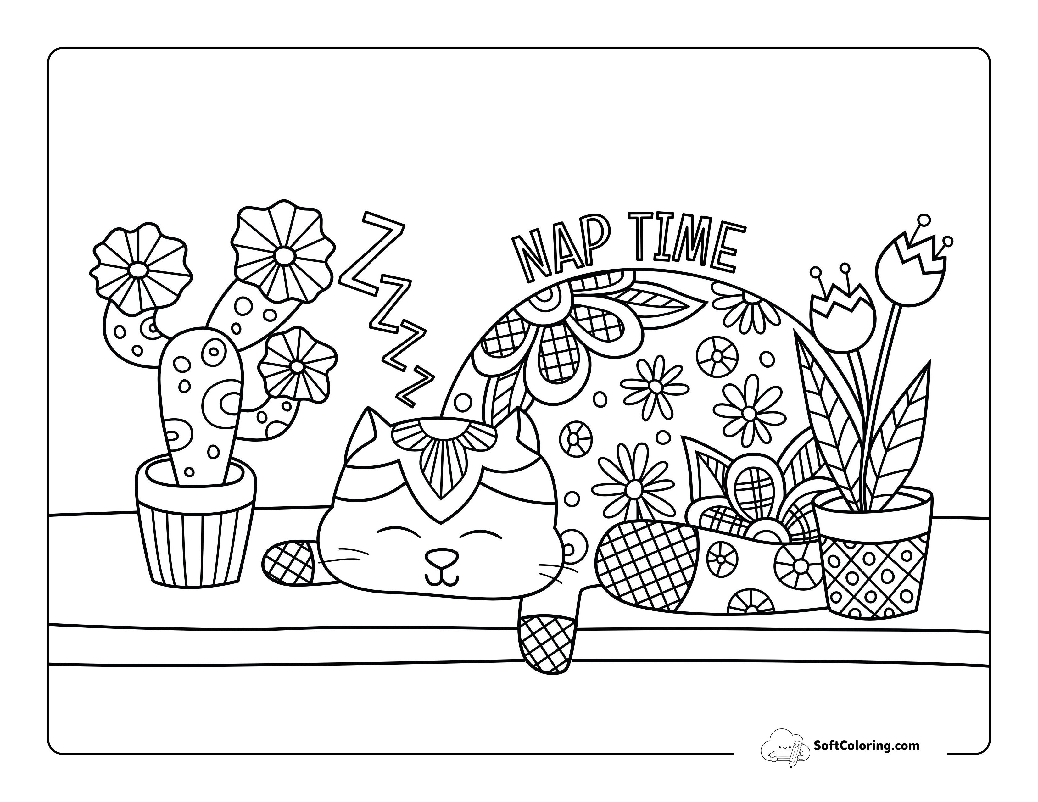 Sleepy Cat Coloring Sheet Doodle