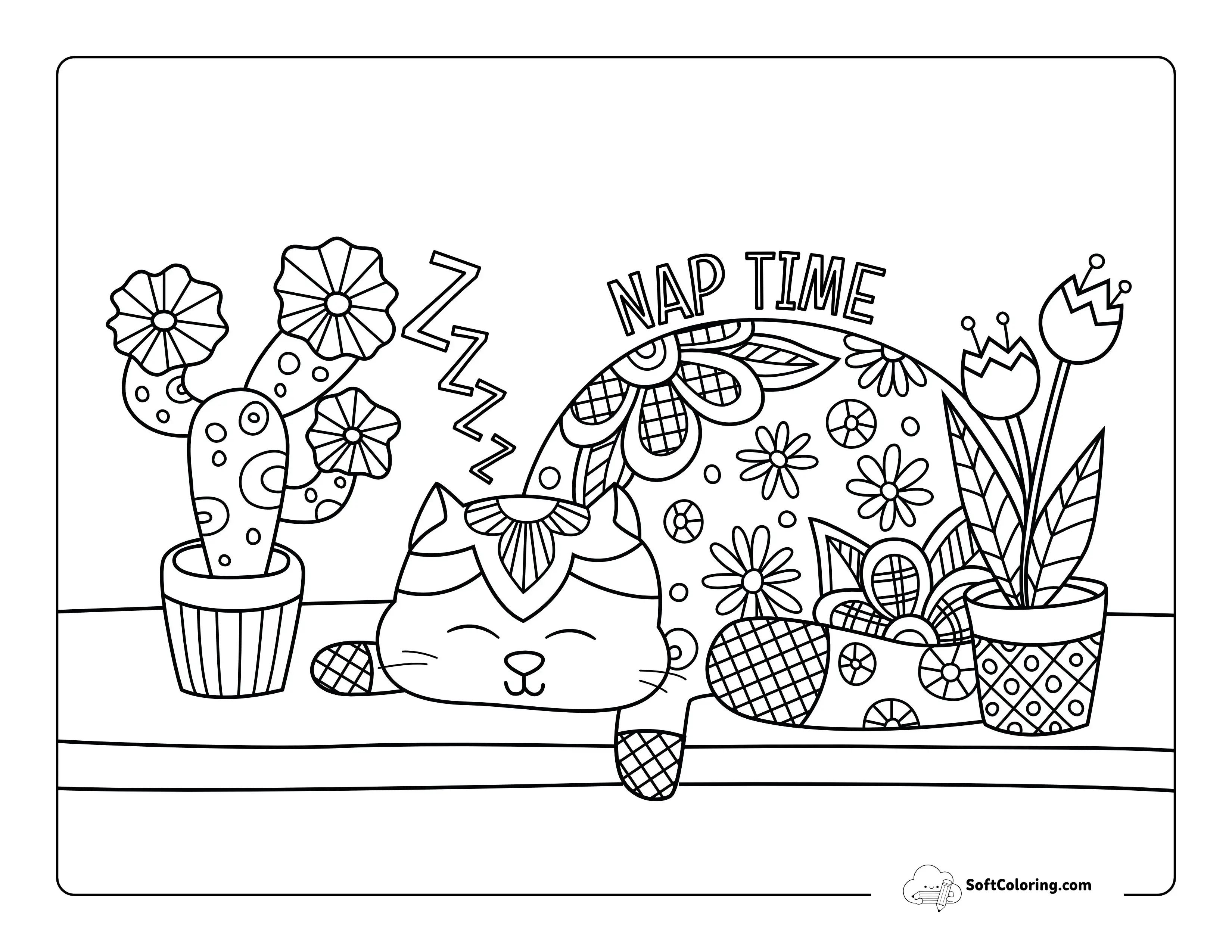 Sleepy Cat Coloring Sheet Doodle