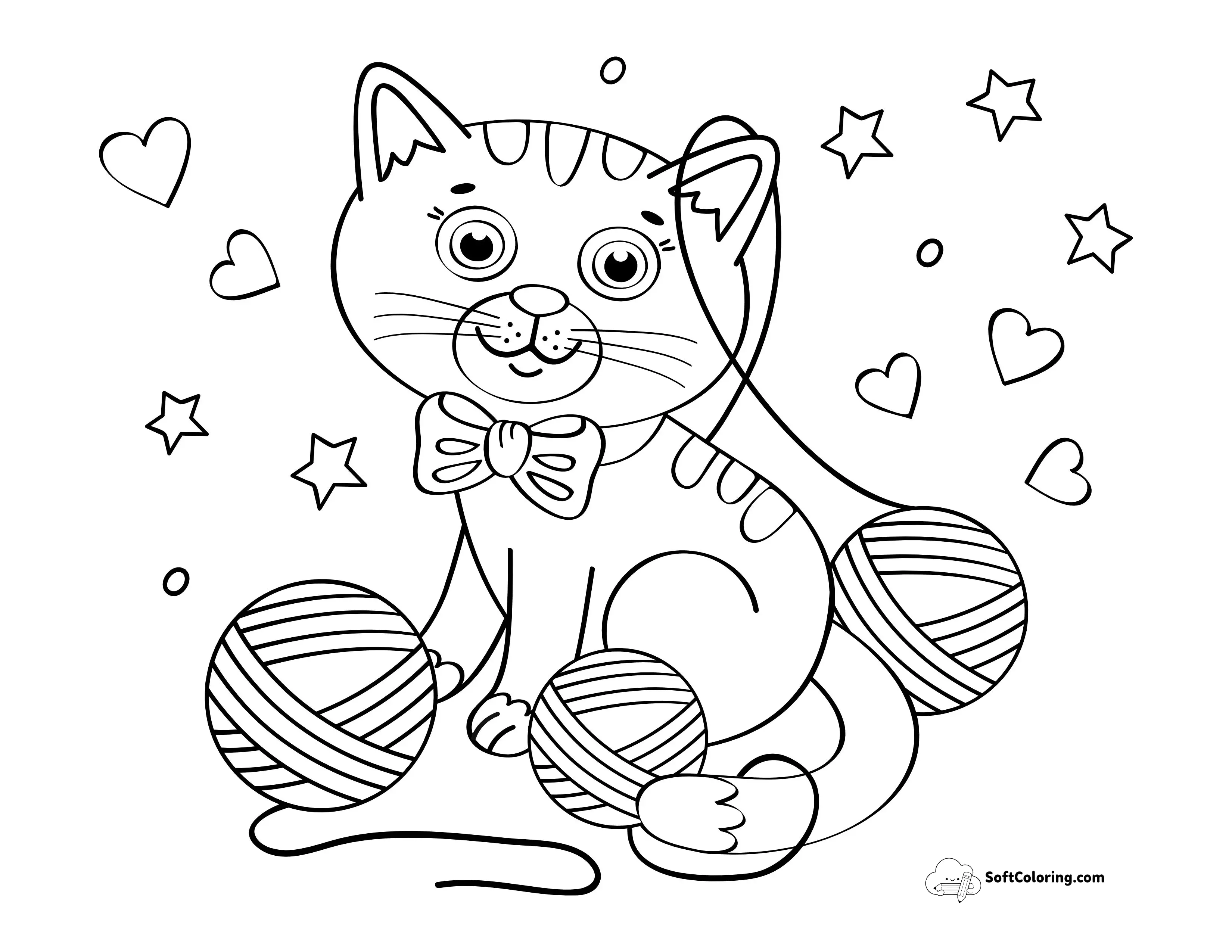 Playful Cat With Balls Of Wool Coloring Sheet For Kids