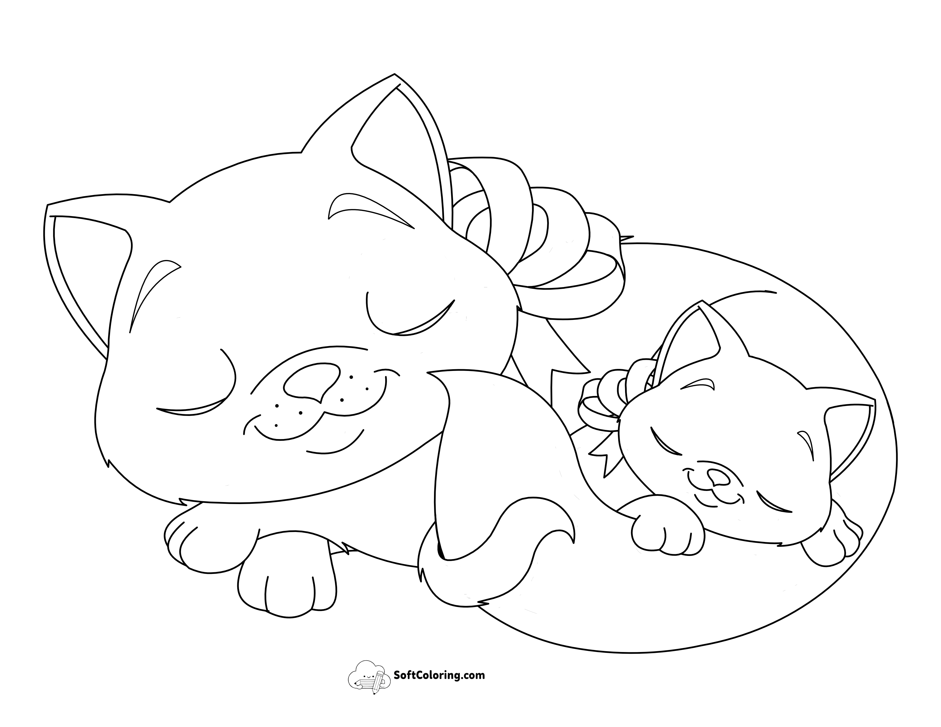 Sleeping Mother Cat & Kitten Coloring Sheet