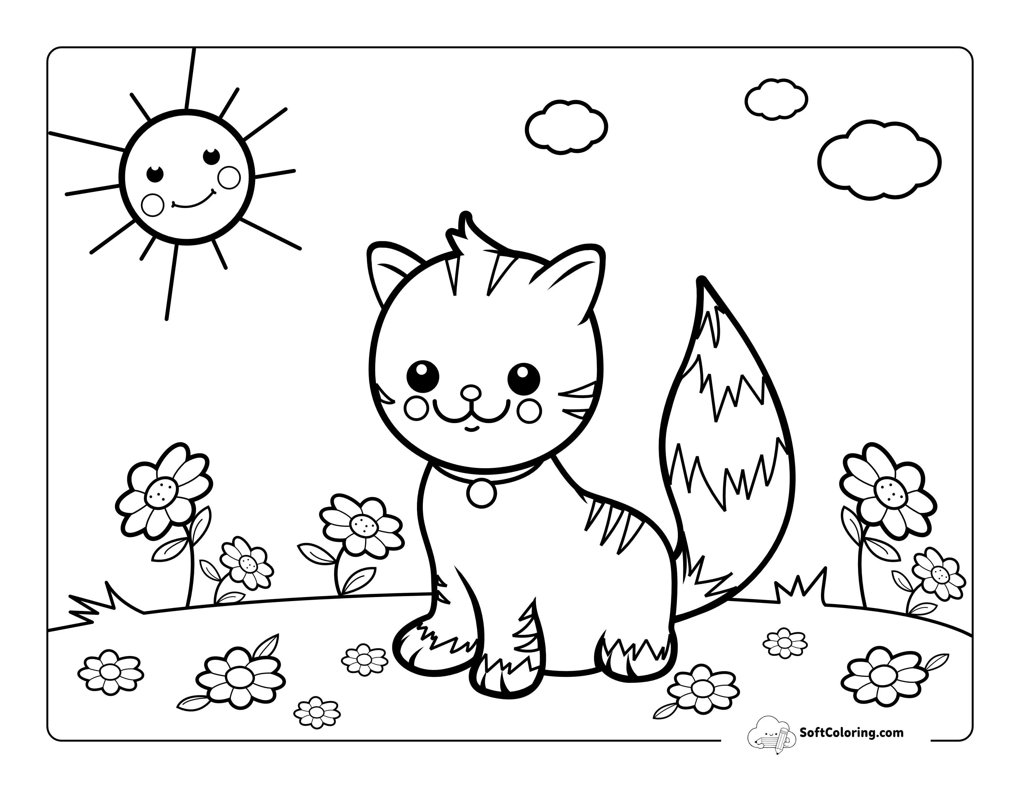 Happy Kitten And Smiling Sunny Garden Picture To Color