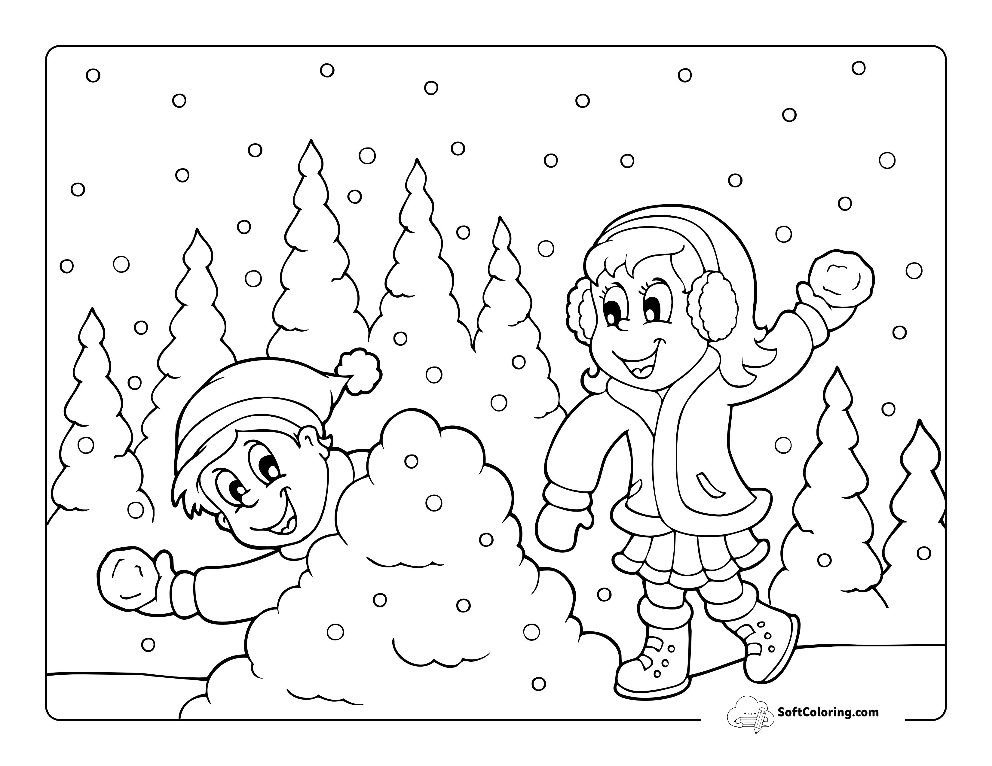 Boy & Girl Snowball Fight Coloring Page