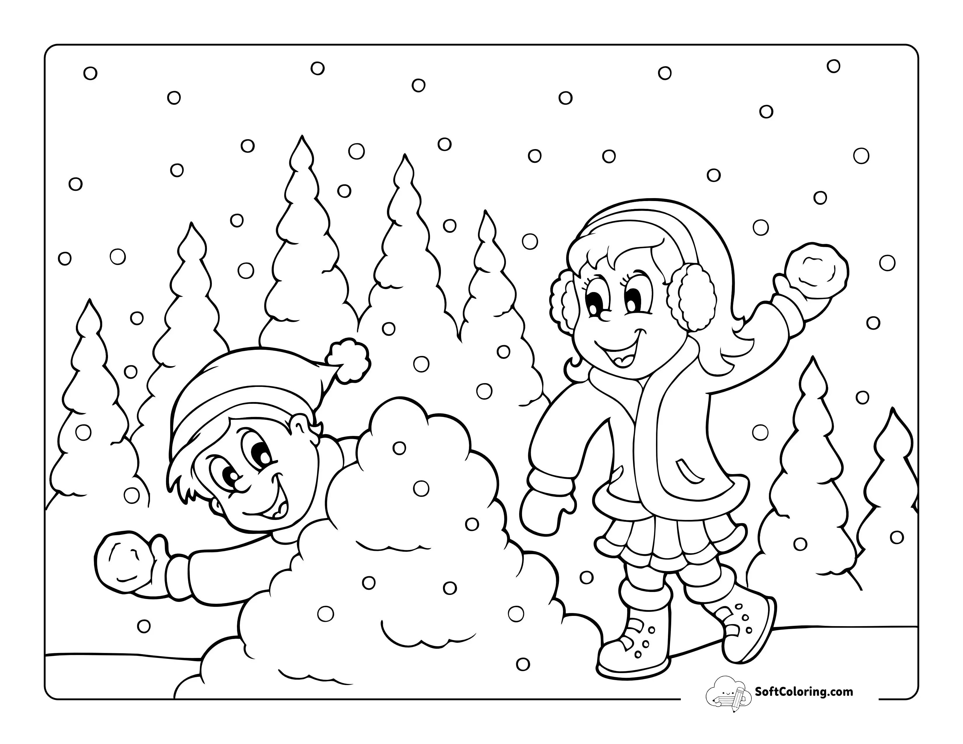 Boy & Girl Snowball Fight Coloring Page