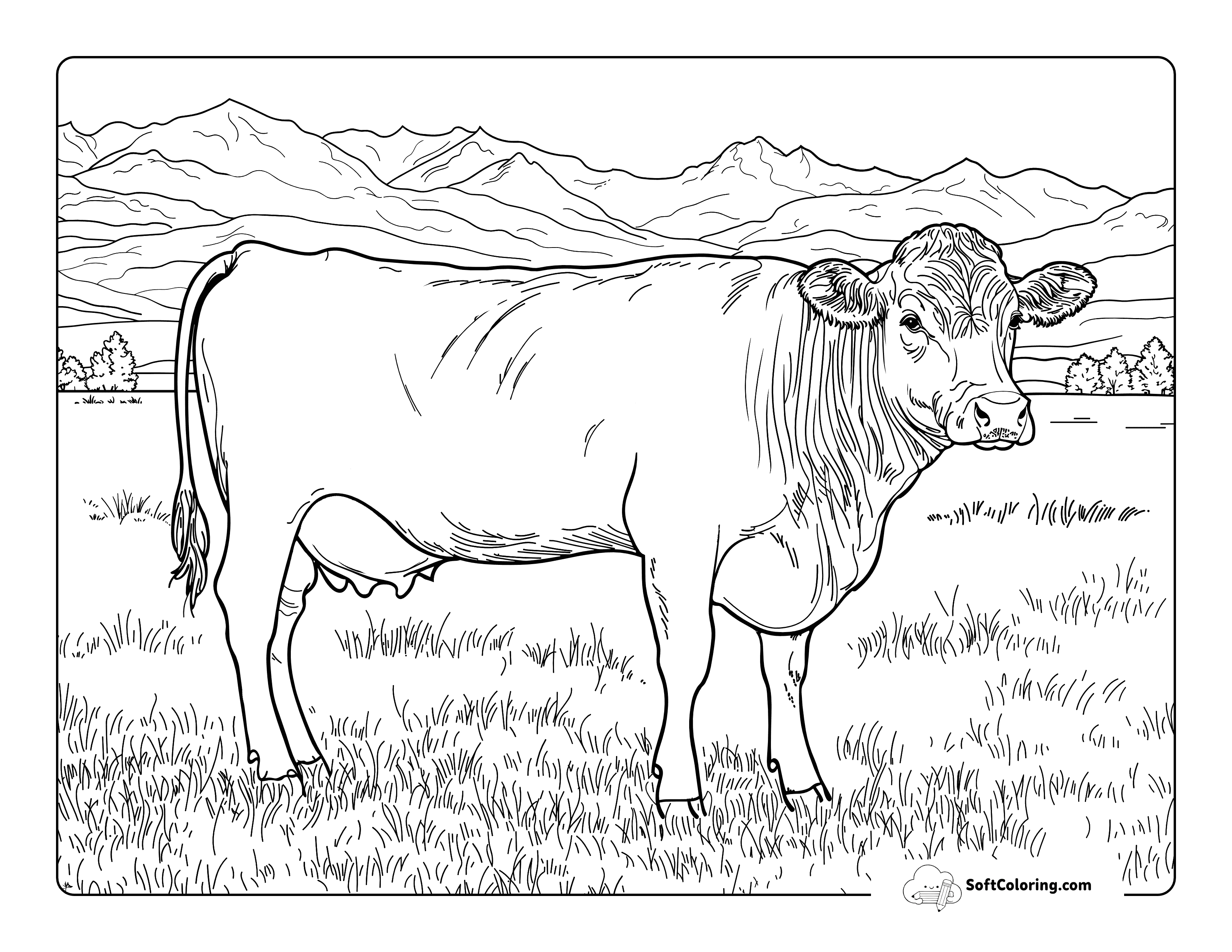 Realistic Cow And Mountain Scene Coloring Sheet