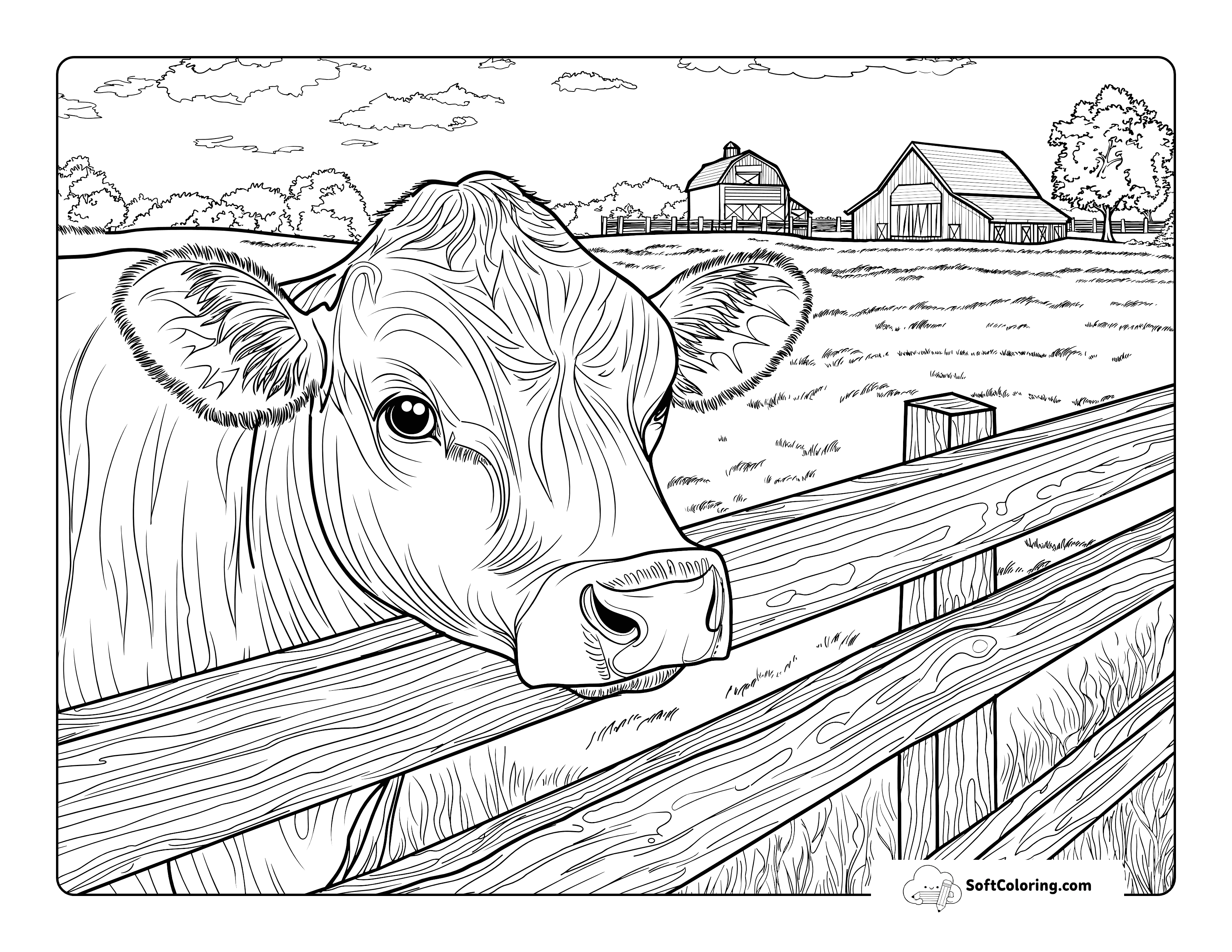 Realistic Cute Cow At Fence Coloring Page For Adults