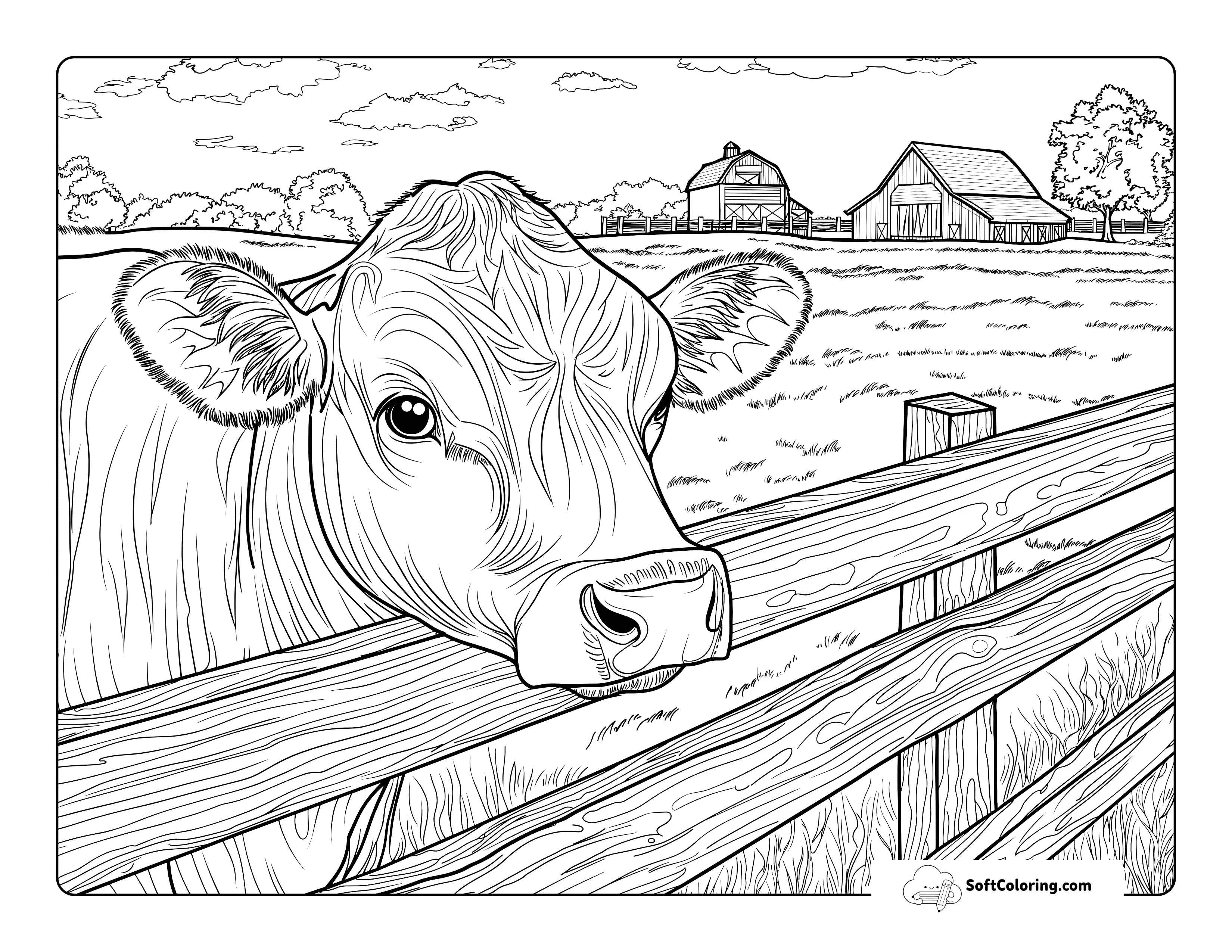 Realistic Cute Cow At Fence Coloring Page For Adults