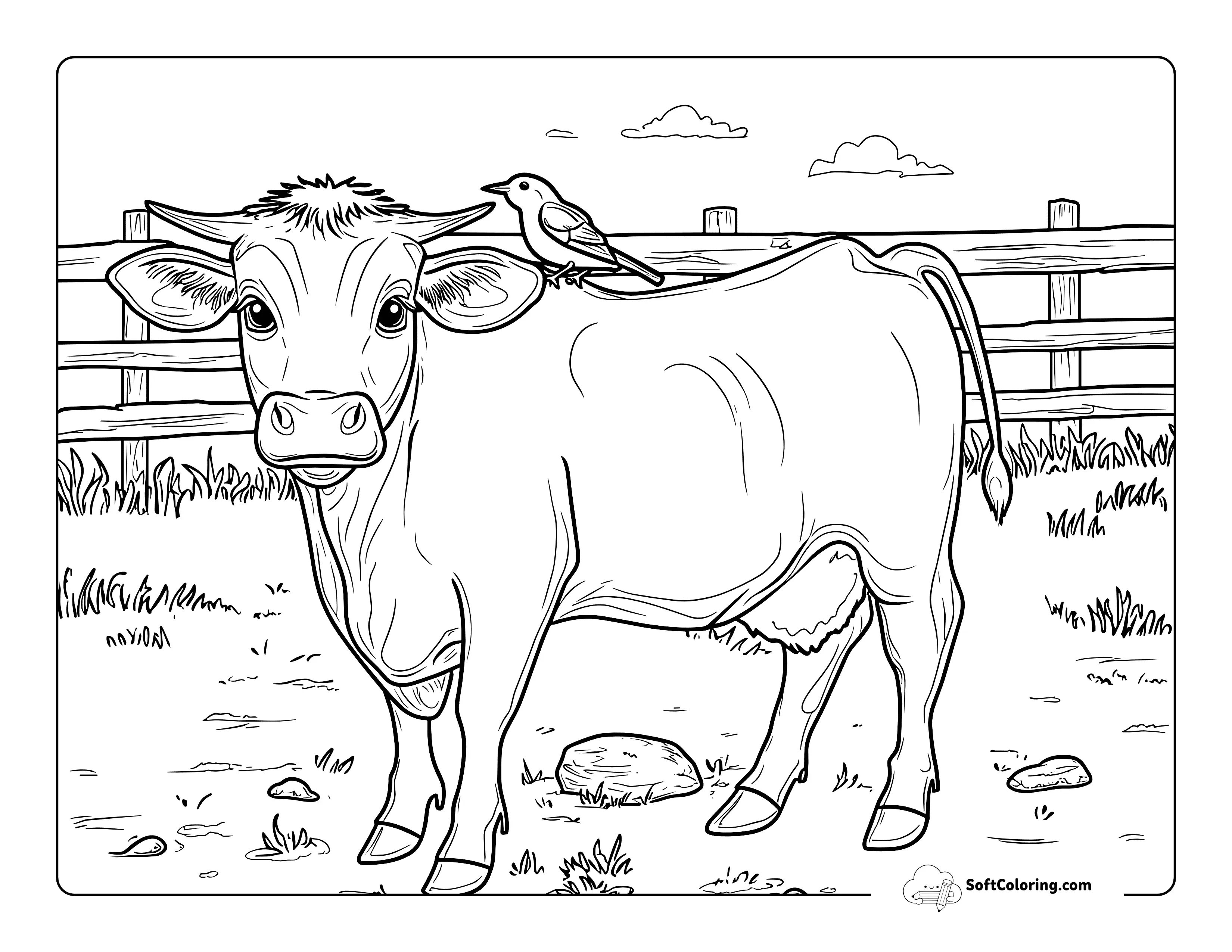 Simple And Realistic Cow With Bird Friend Coloring Sheet
