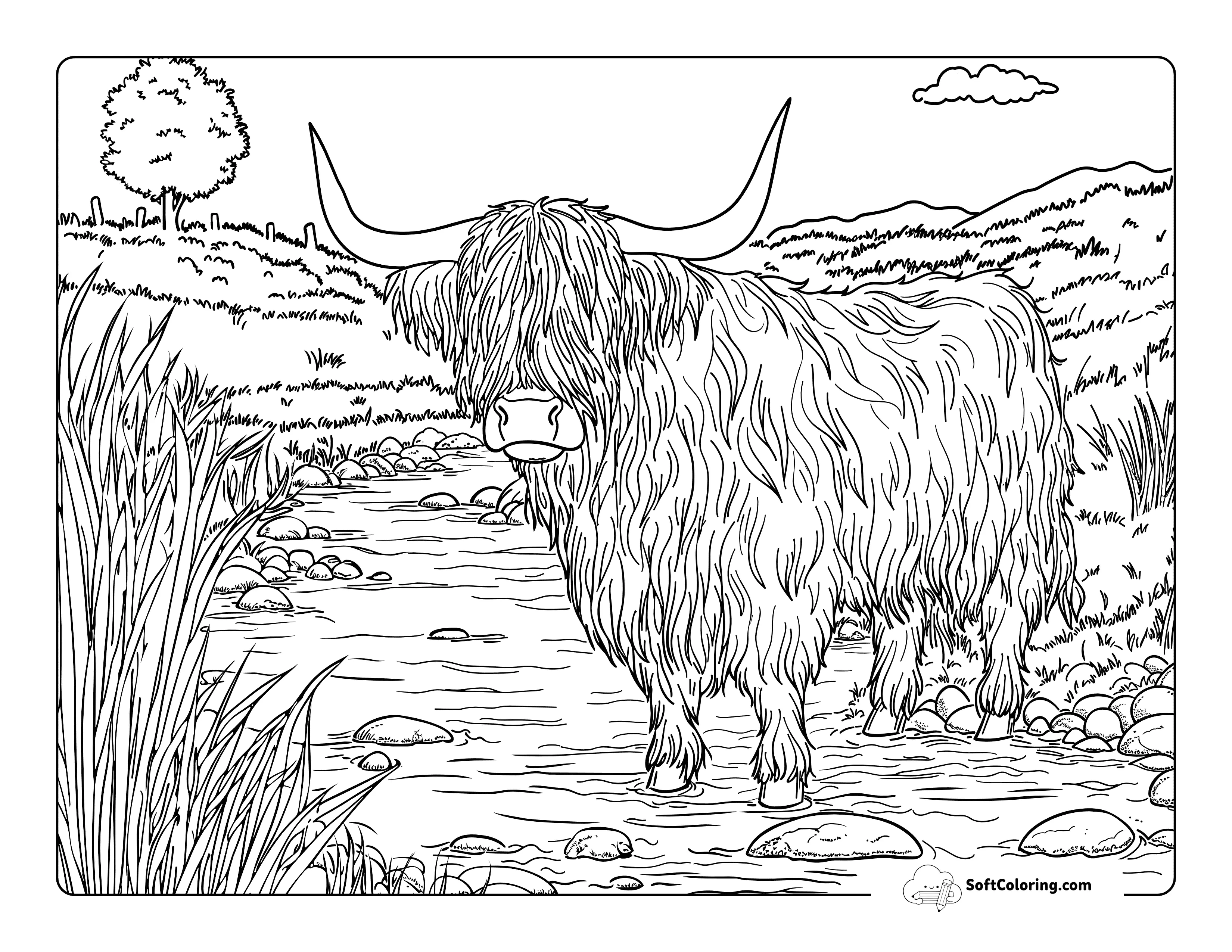 Highland Cow In Stream Printable Coloring Page