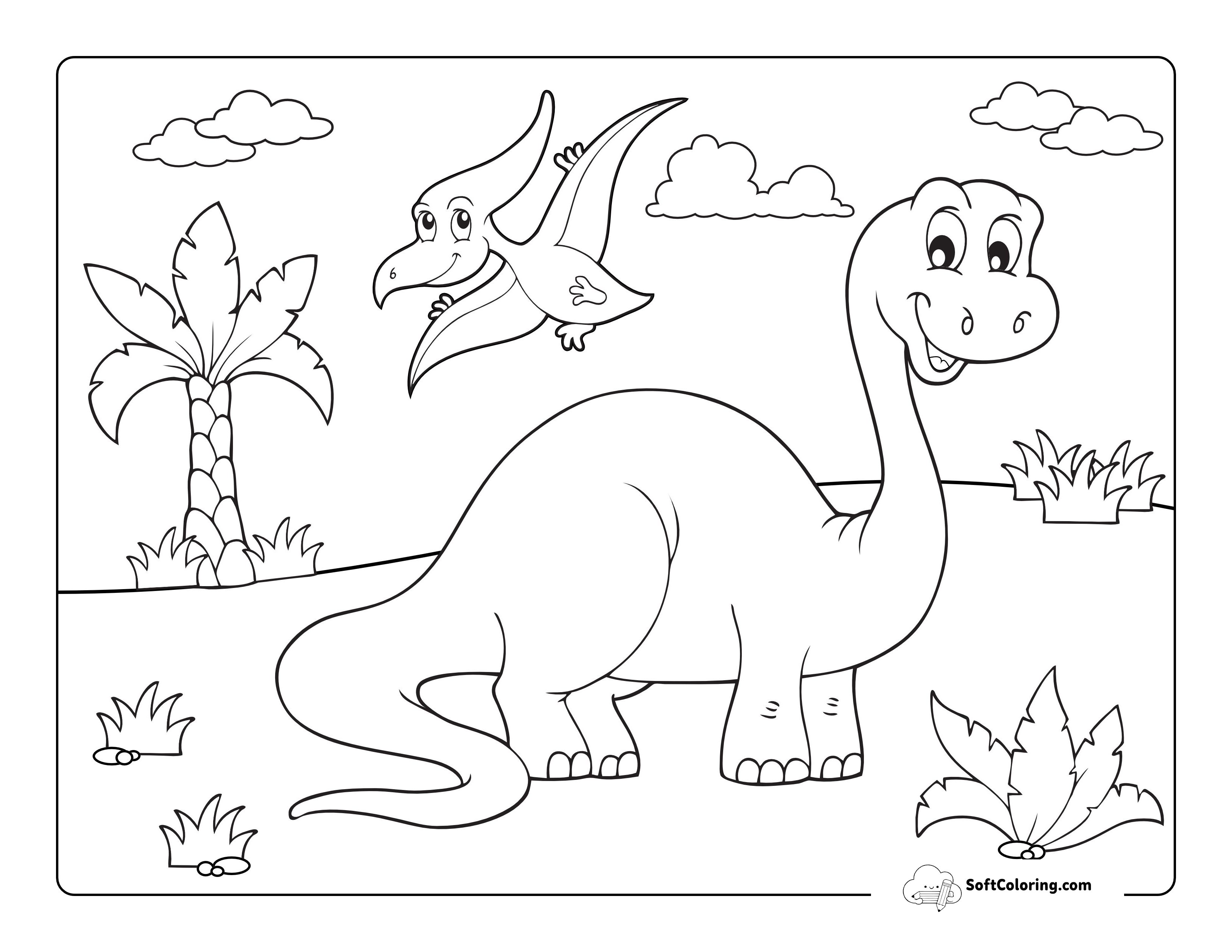 Cute Brontosaurus & Flying Pterosaur Drawing To Color