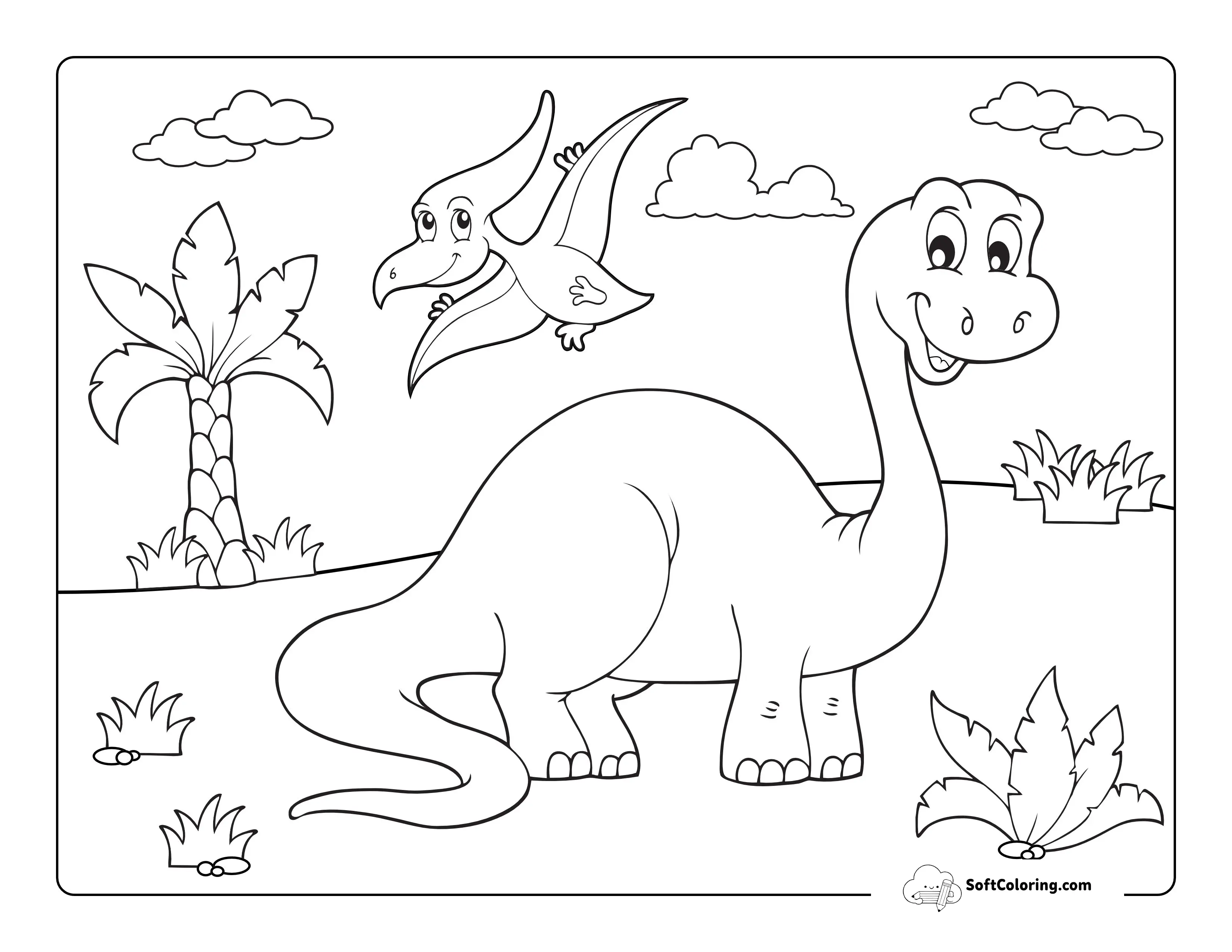 Cute Brontosaurus & Flying Pterosaur Drawing To Color