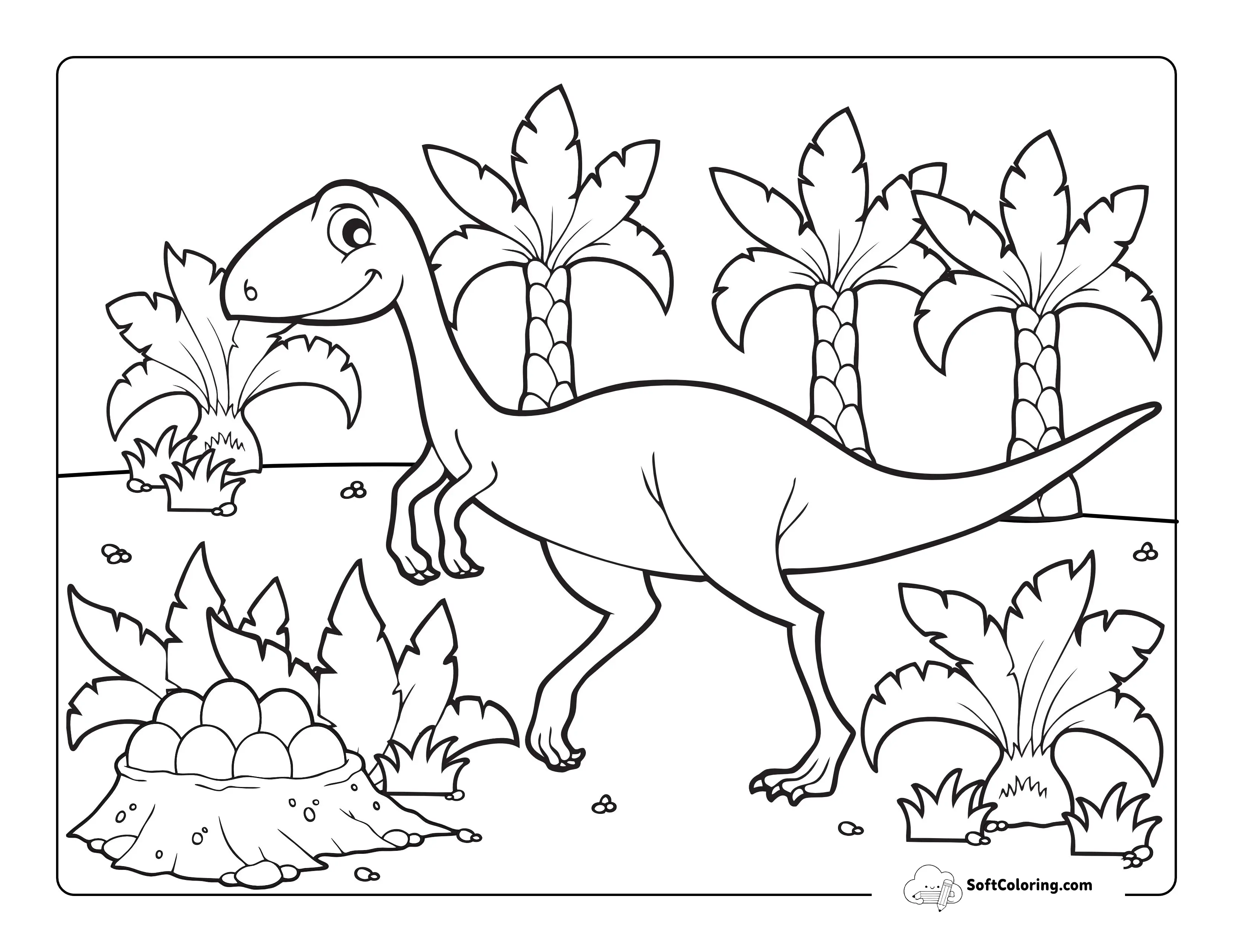 Cartoon Dinosaur With Eggs To Color