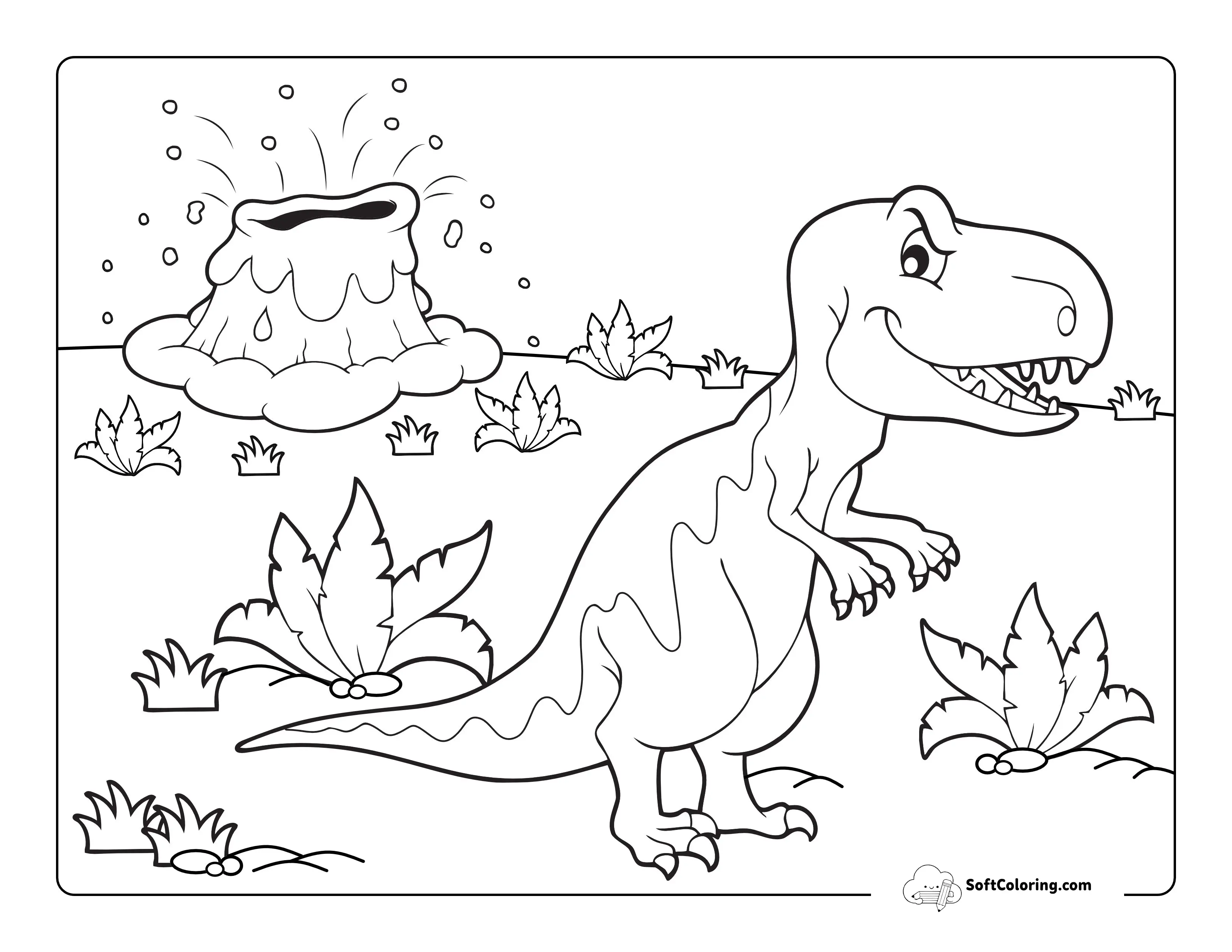 Scary Dinosaur And Erupting Volcano To Color