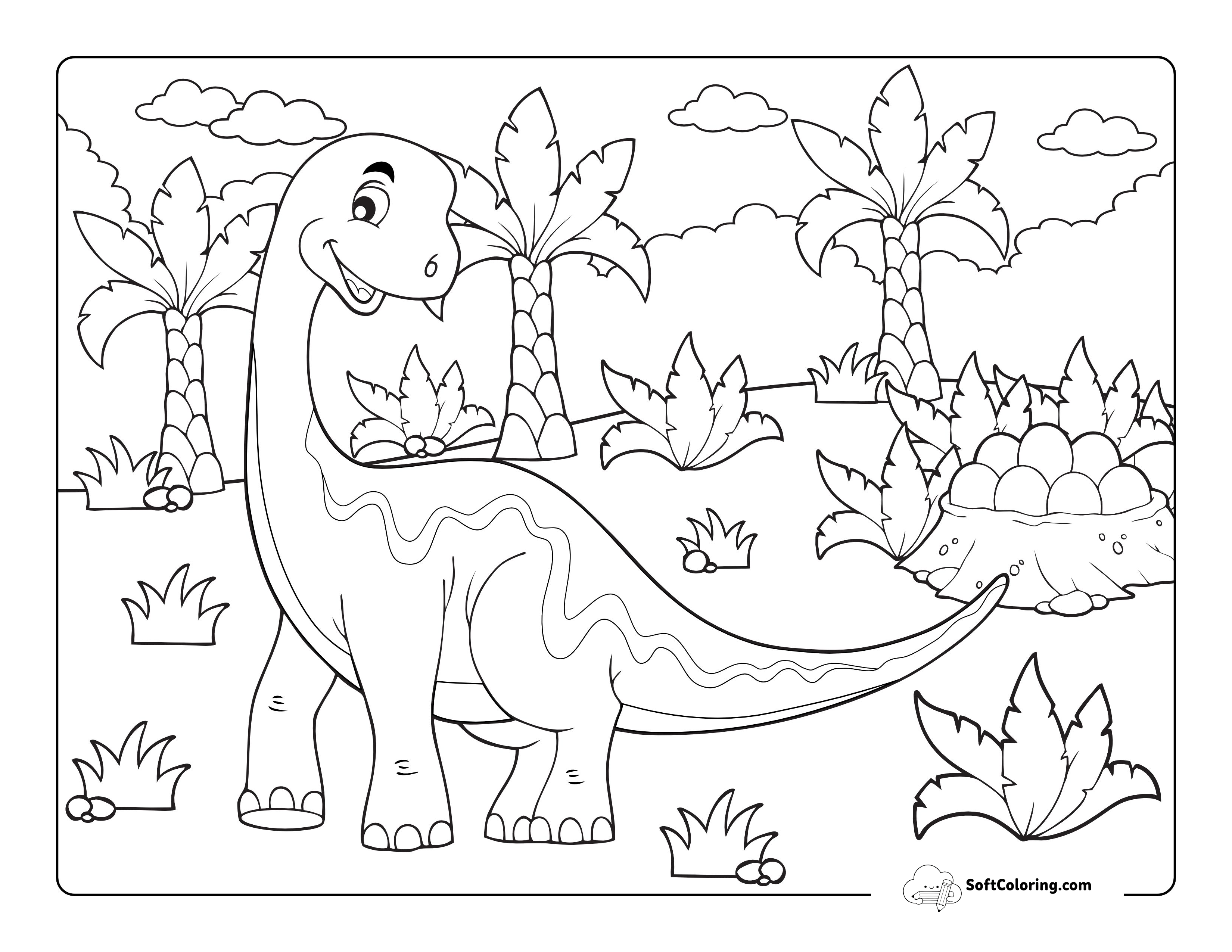 Large Dinosaur With Eggs Coloring Page