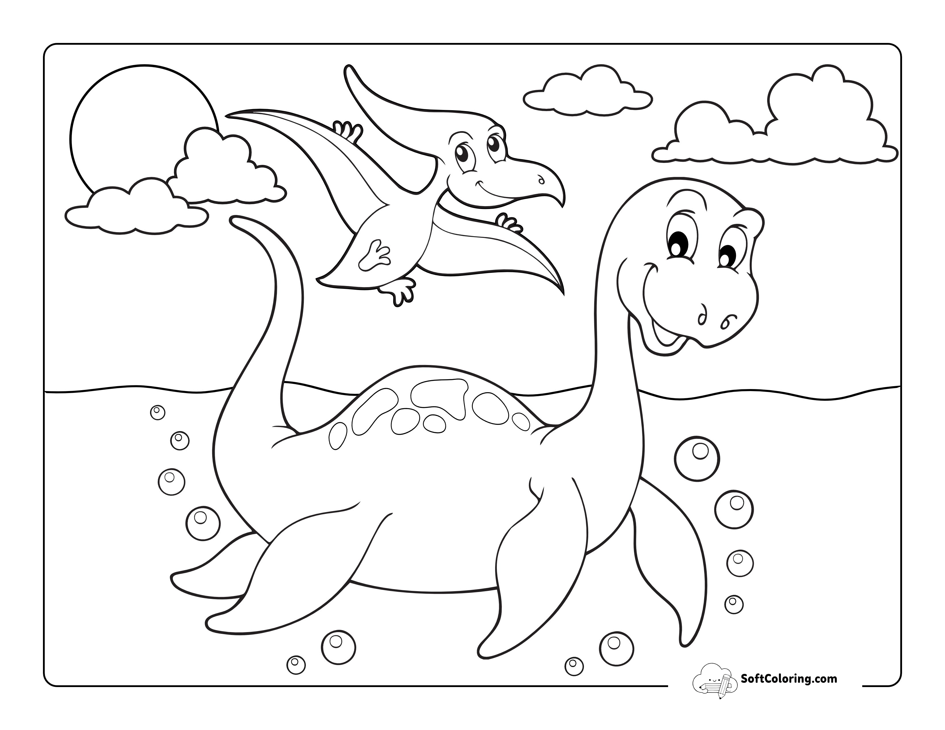 Cute Swimming Plesiosaurus Coloring Page