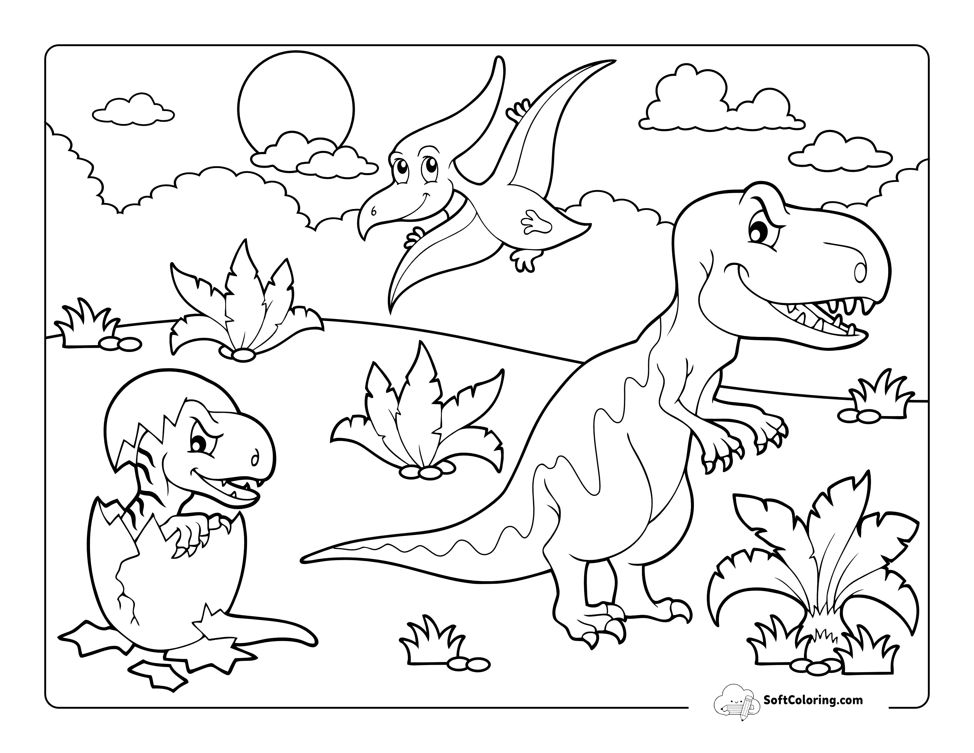 Prehistoric Dinosaur Scene To Color