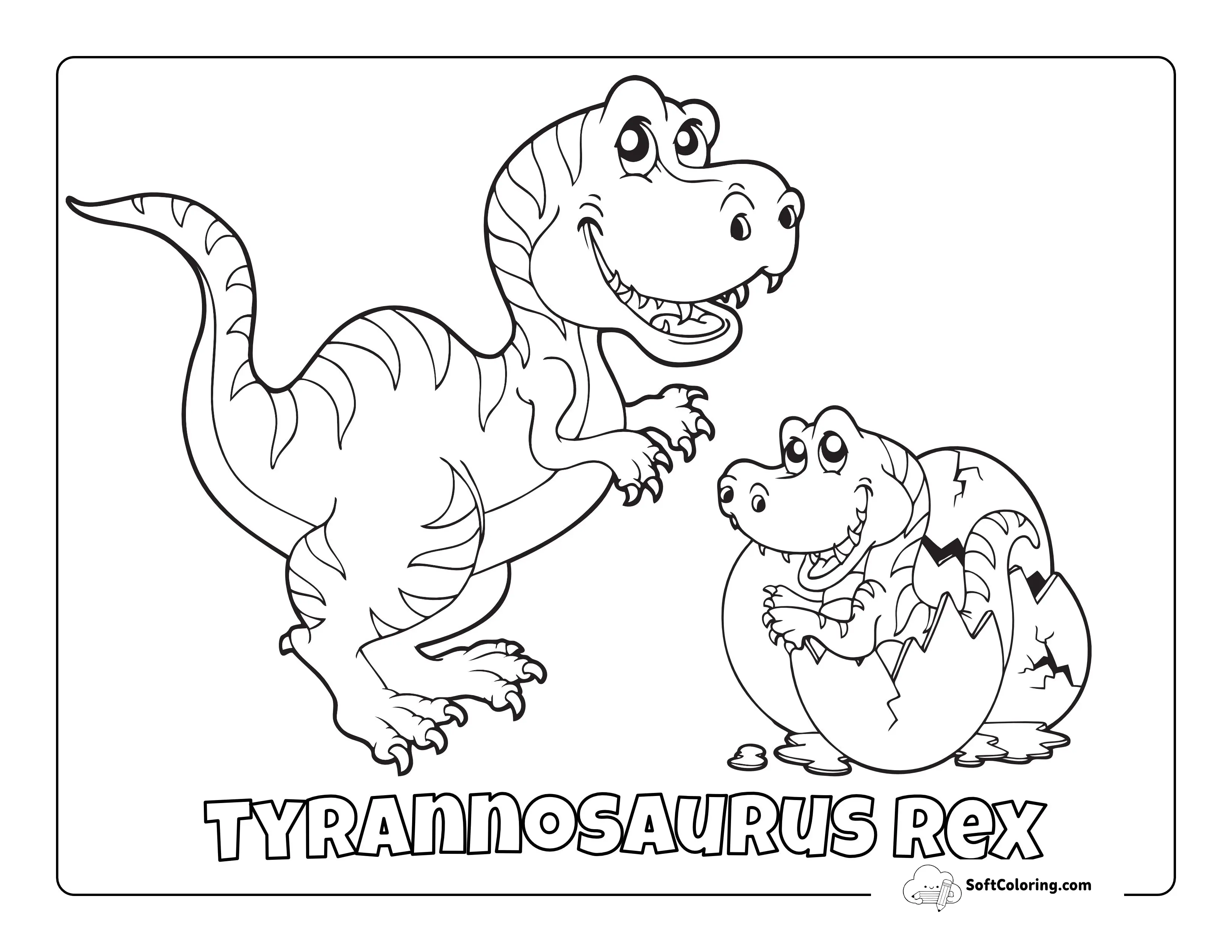 Cute T-Rex With Hatching Baby Dinosaur Coloring Sheet