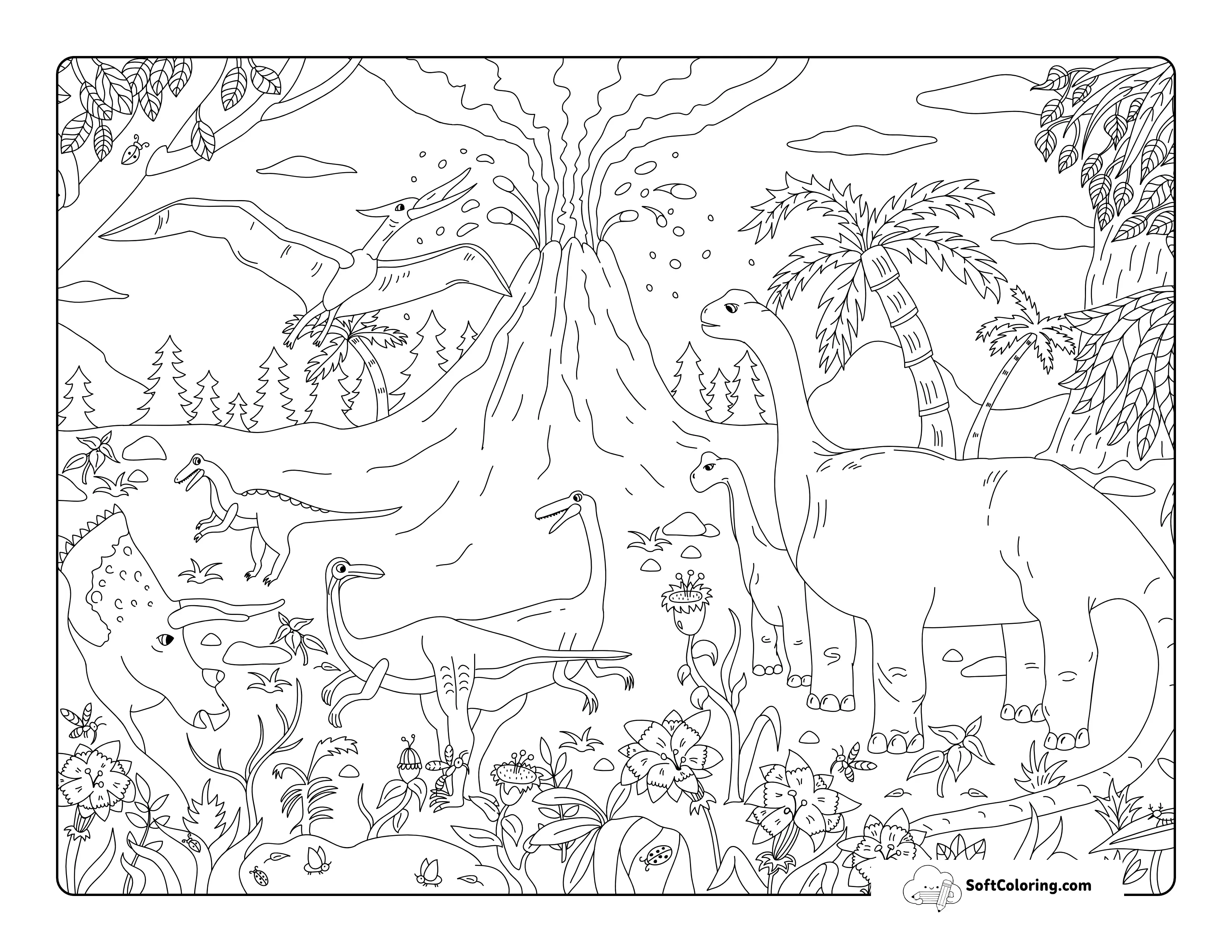 Dinosaurs With Erupting Volcano Illustration