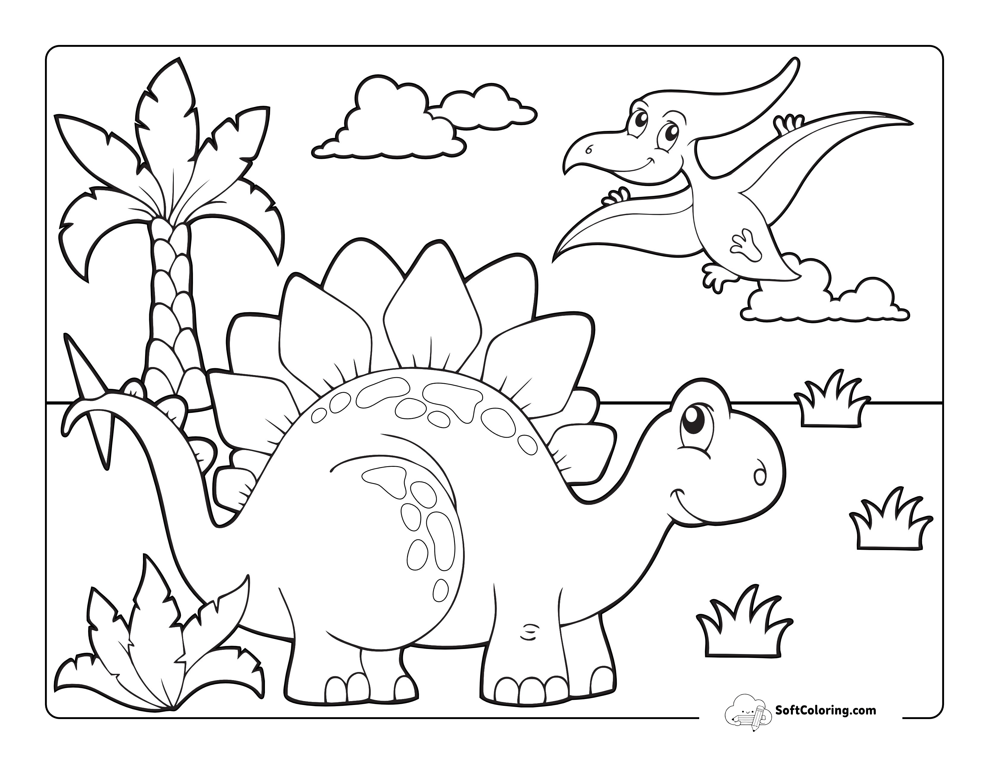 Cute Stegosaurus Dinosaur And Sunny Sky Scene