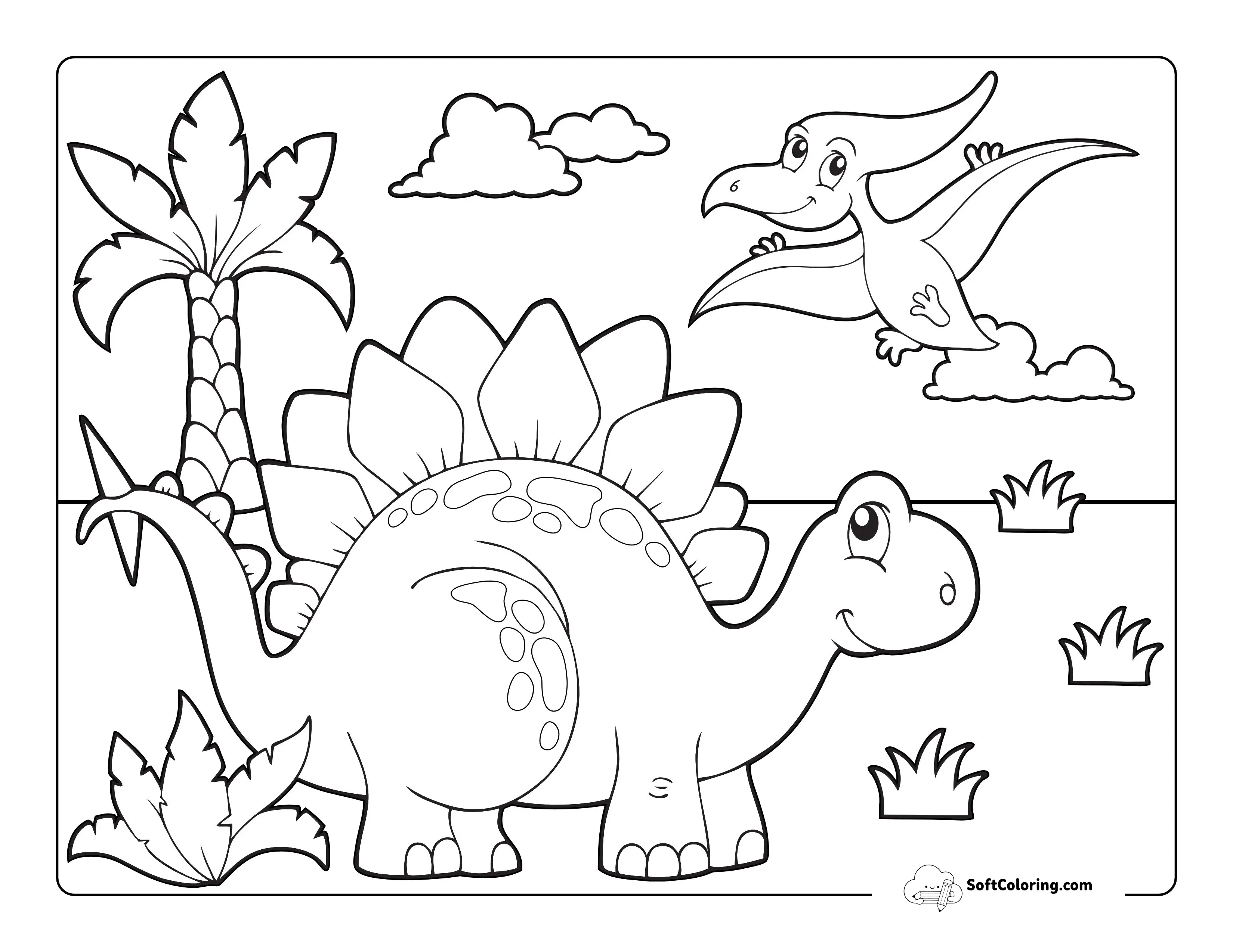 Cute Stegosaurus Dinosaur And Sunny Sky Scene