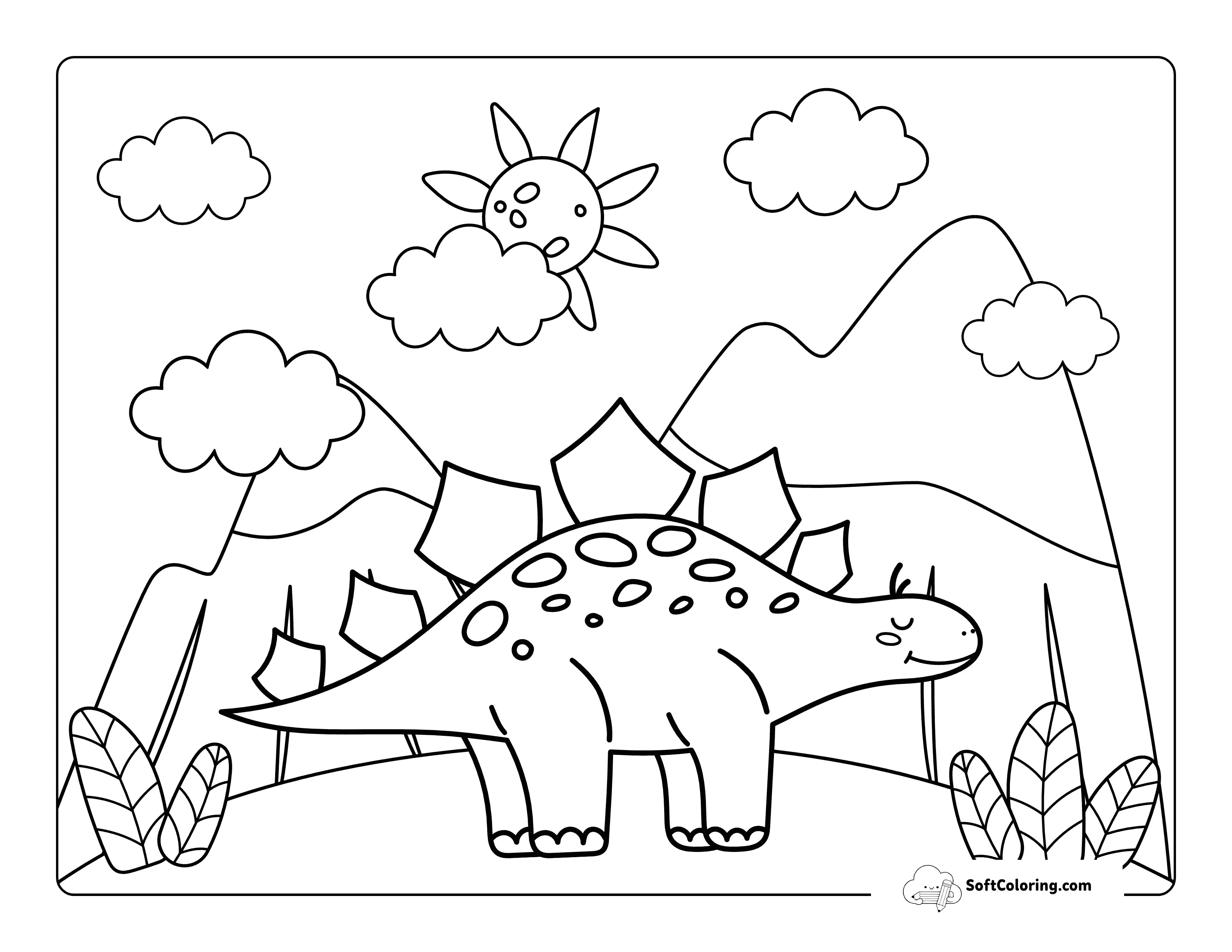 Cute Cartoon Stegosaurus In Prehistoric Nature