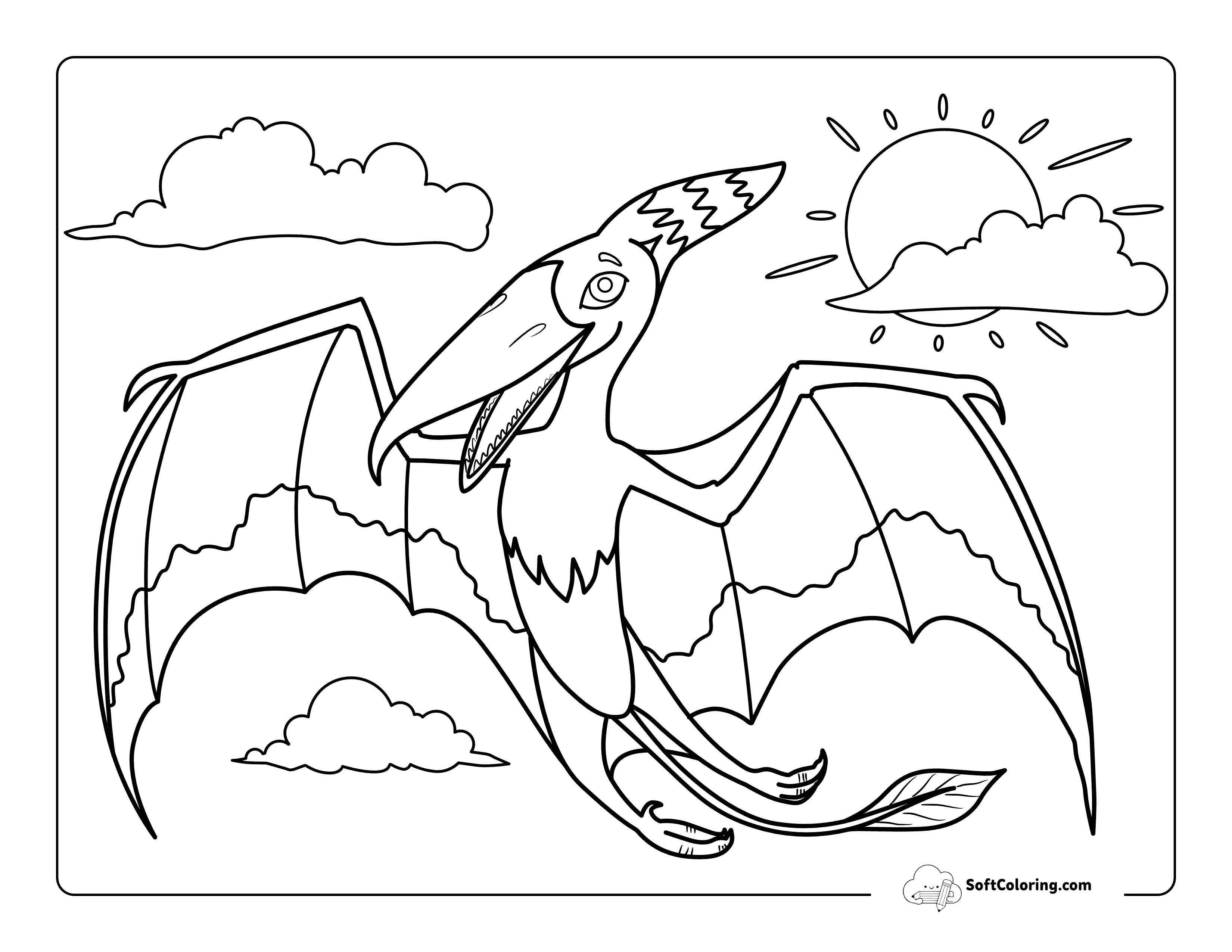 Cute Pterodactyl Flying In The Sky With Clouds And Sun