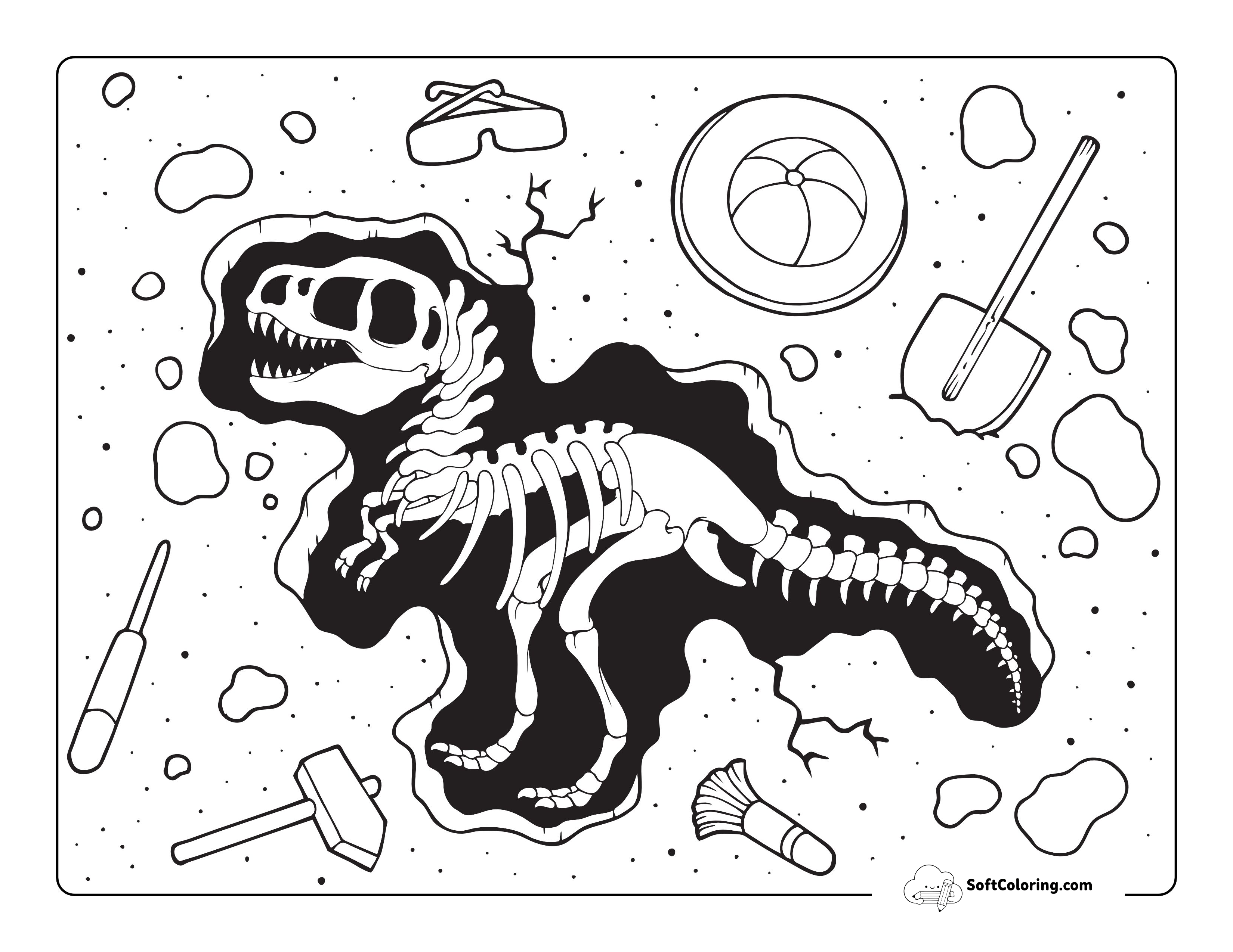 Dinosaur Fossil Excavation Site Coloring Page For Kids