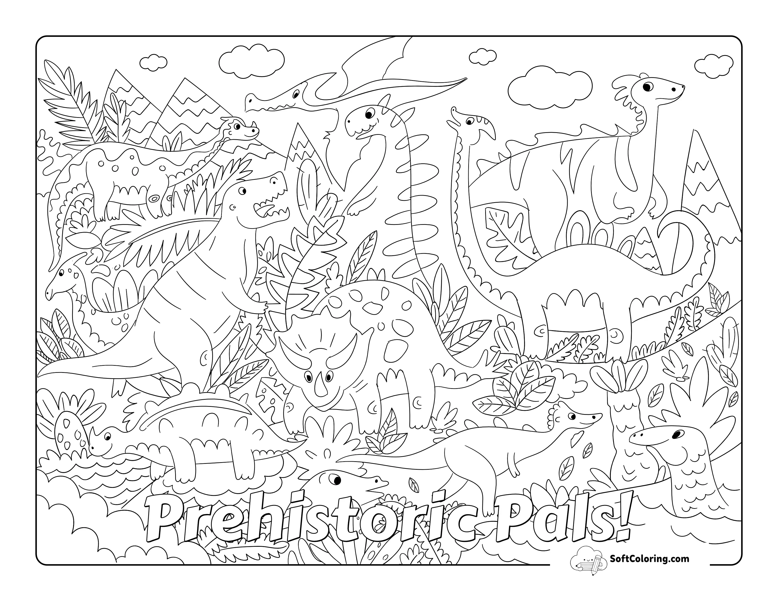 Cute Dinosaur Group And Prehistoric Landscape