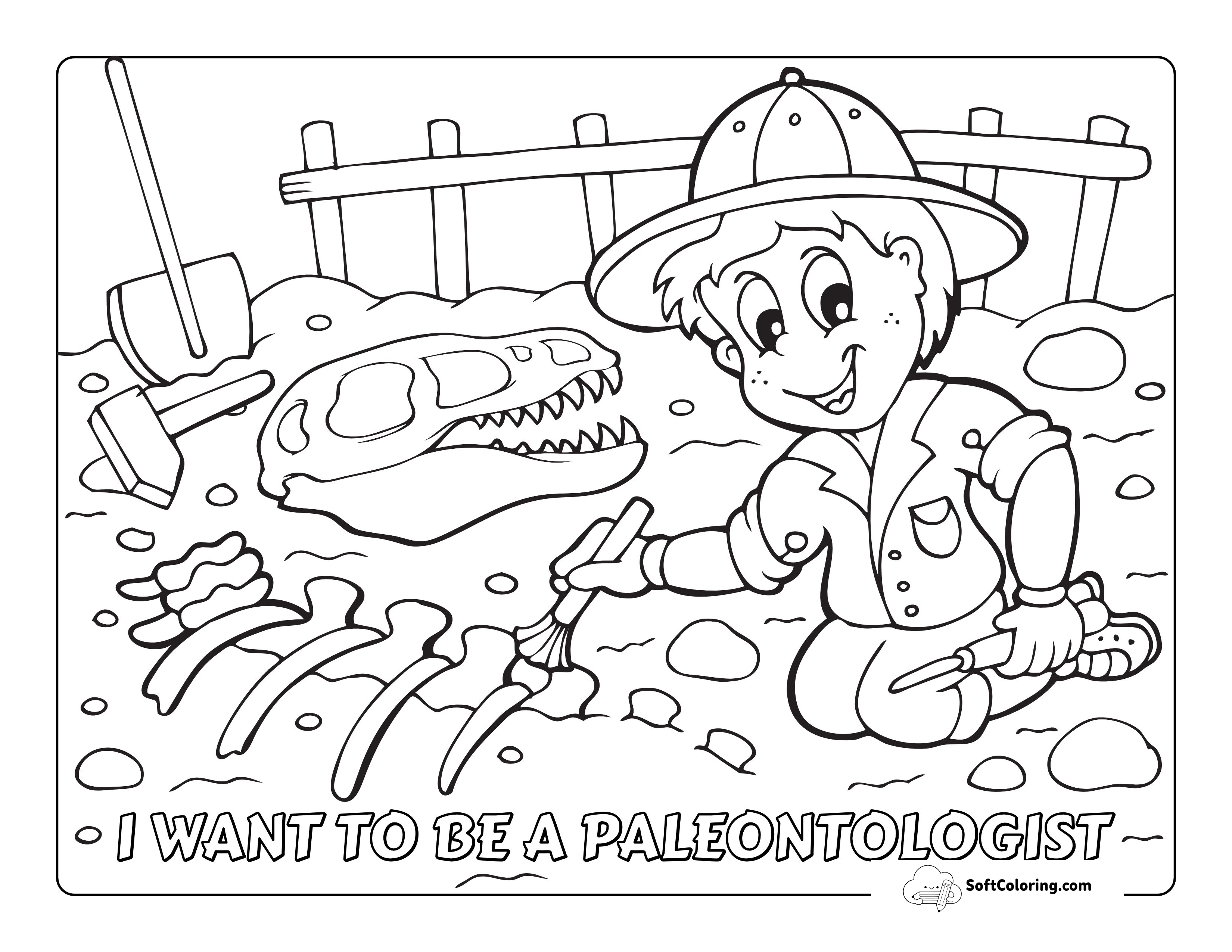 Paleontologist With Dinosaur Fossil Coloring Sheet