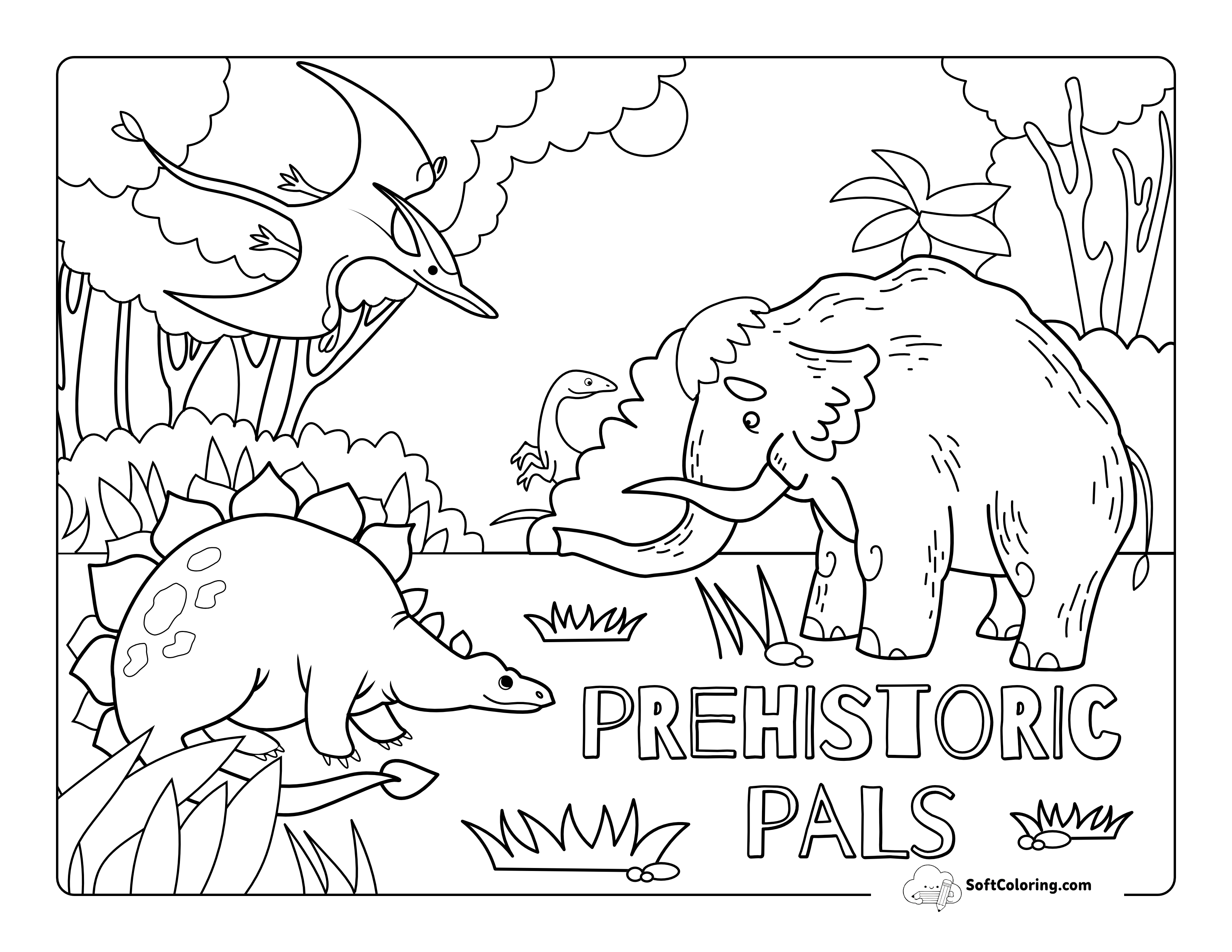 Prehistoric Dinosaurs & Woolly Mammoth Illustration To Color