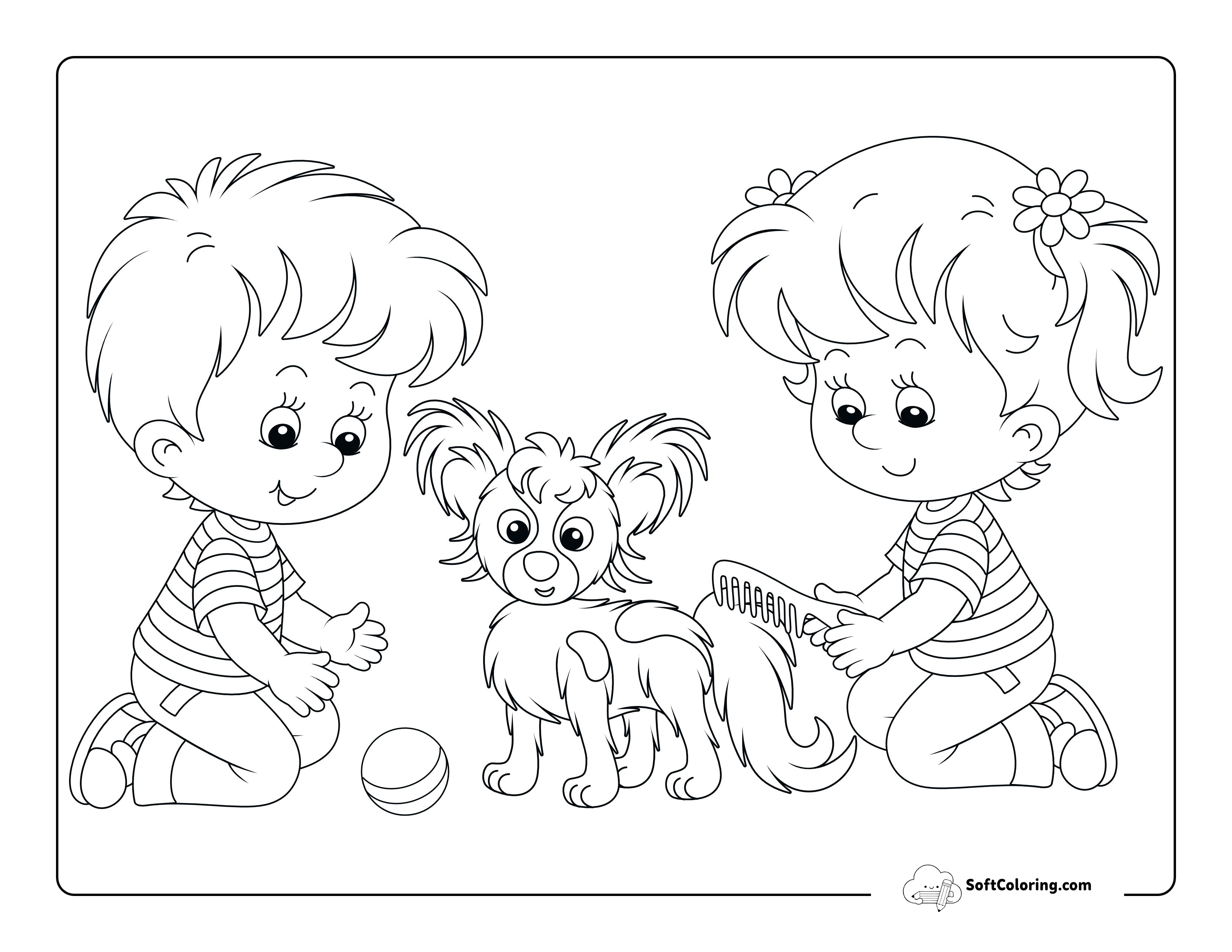 Children Playing With Puppy Dog Coloring Sheet
