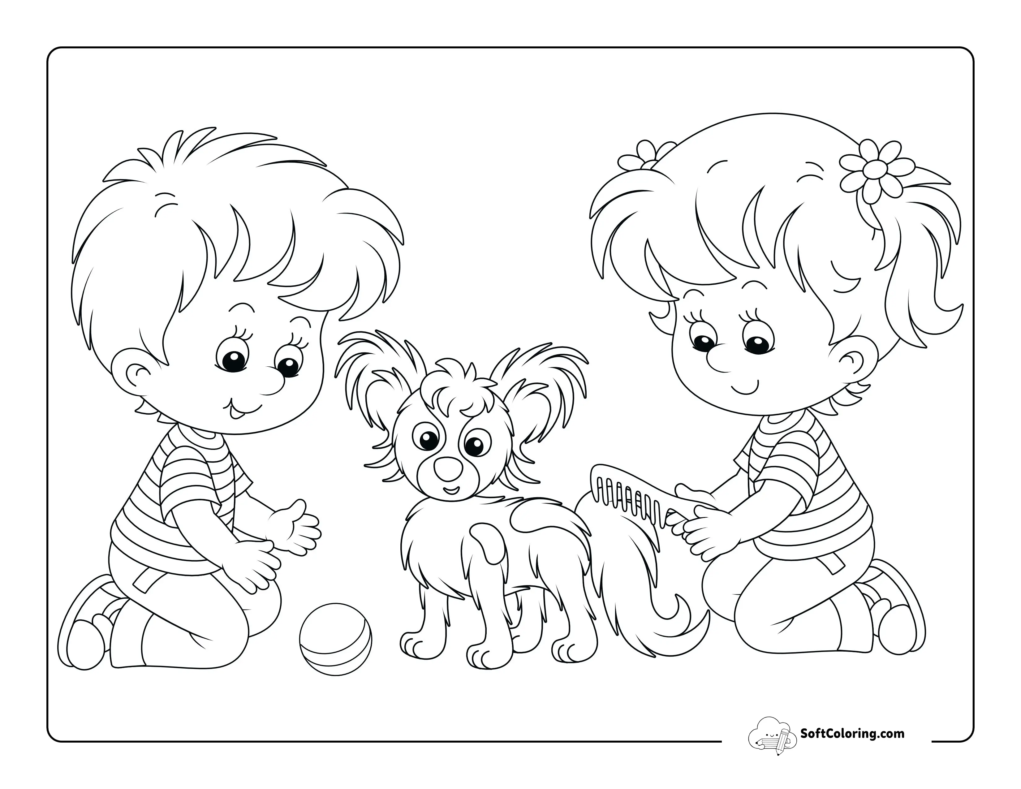Children Playing With Puppy Dog Coloring Sheet