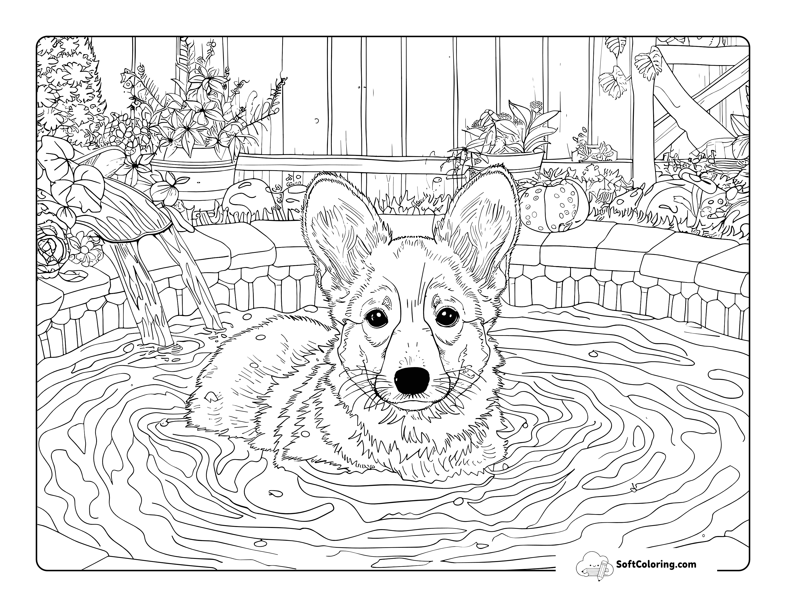 Corgi In Bath Cute Coloring Page For Adults