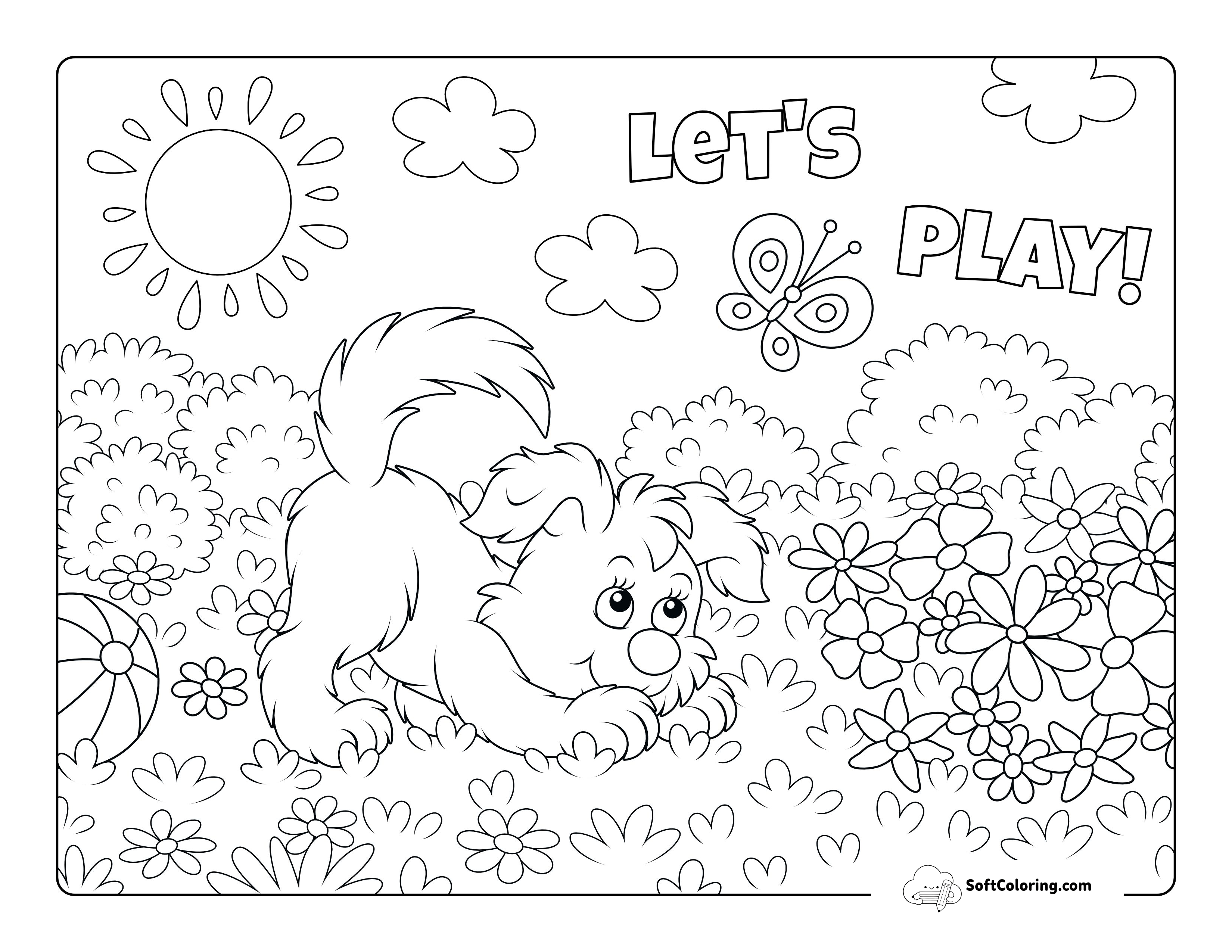 Cute Puppy Dog In Garden Coloring Sheet