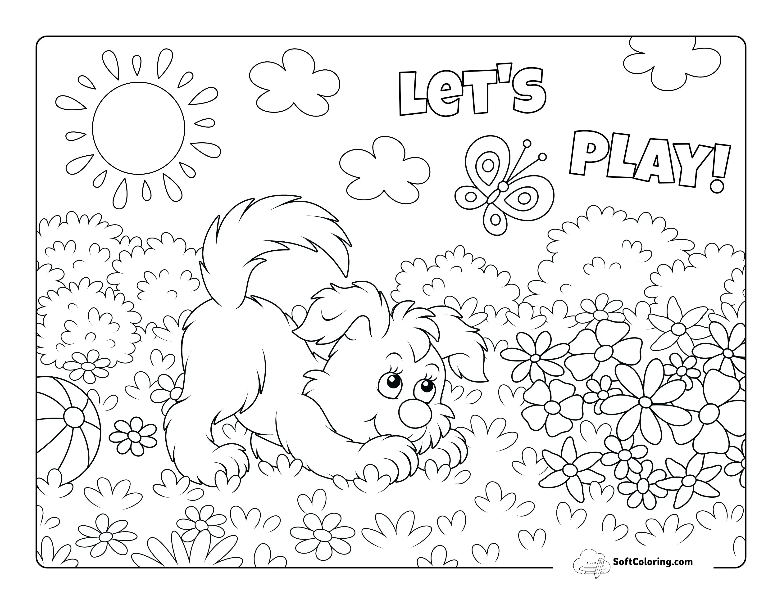 Cute Puppy Dog In Garden Coloring Sheet