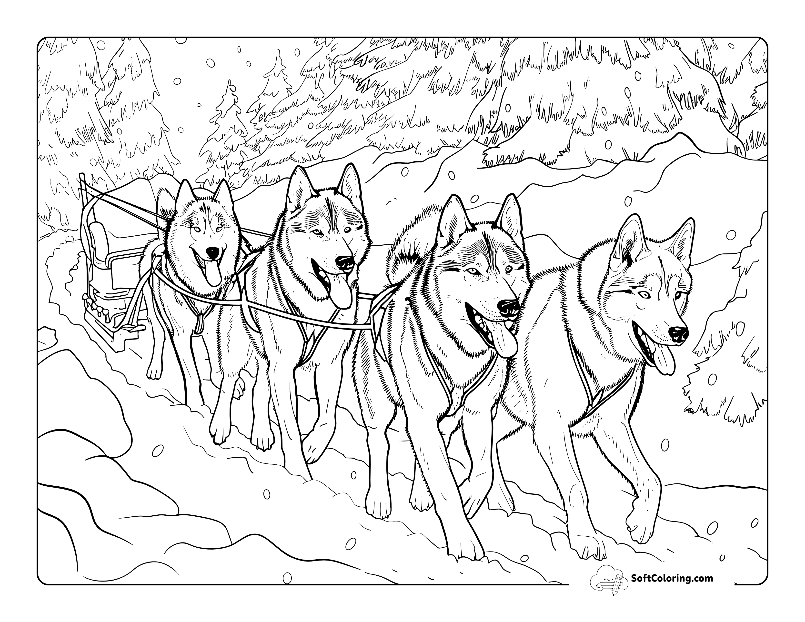 Huskies In Winter Dog Coloring Page For Adults