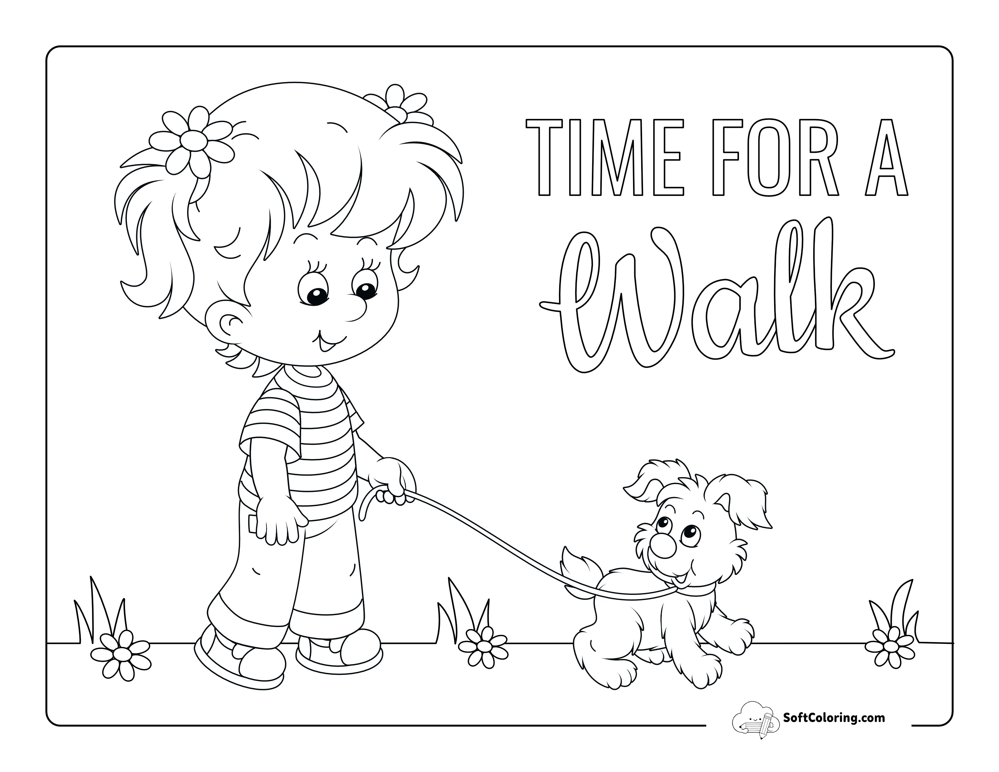 Girl Walking Puppy Coloring Sheet