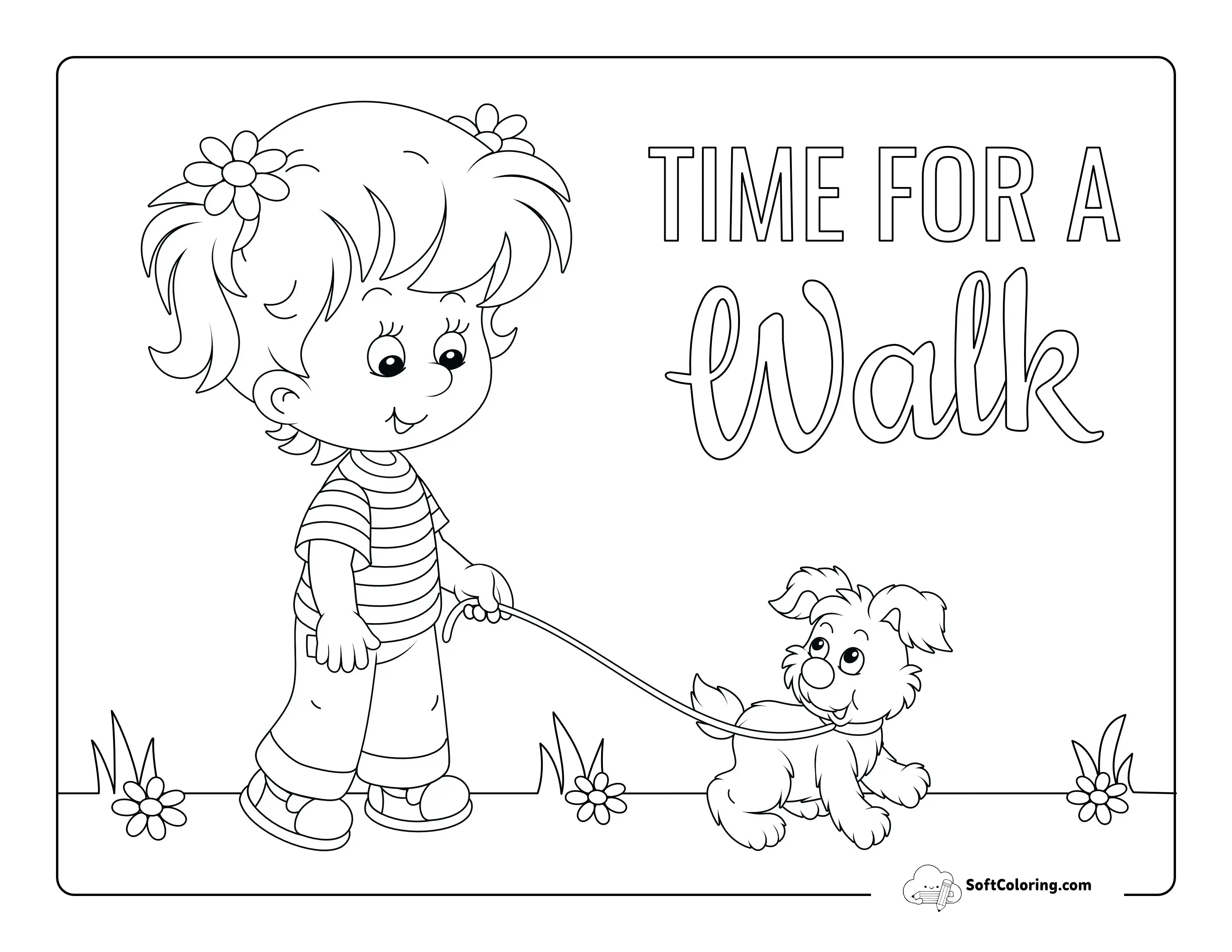 Girl Walking Puppy Coloring Sheet