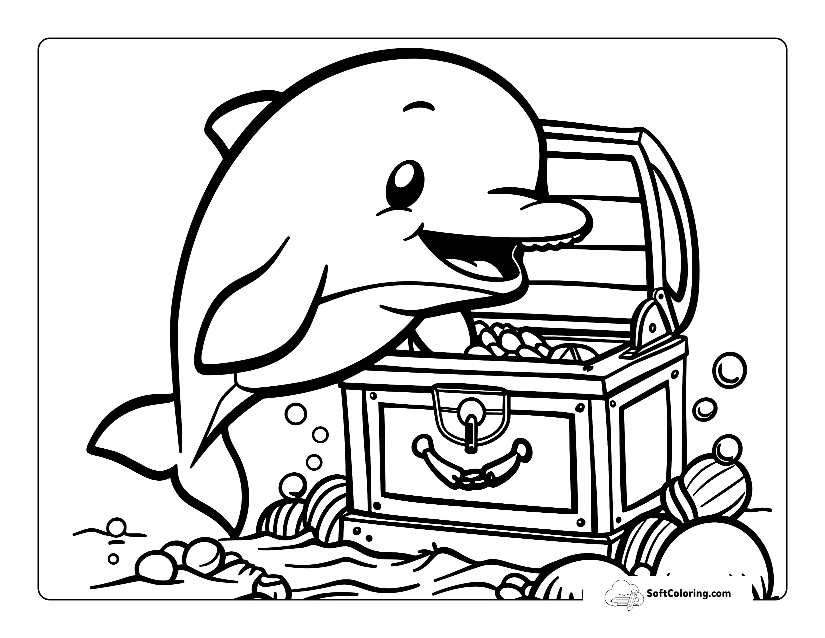 Cute Dolphin With Buried Treasure Coloring Sheet