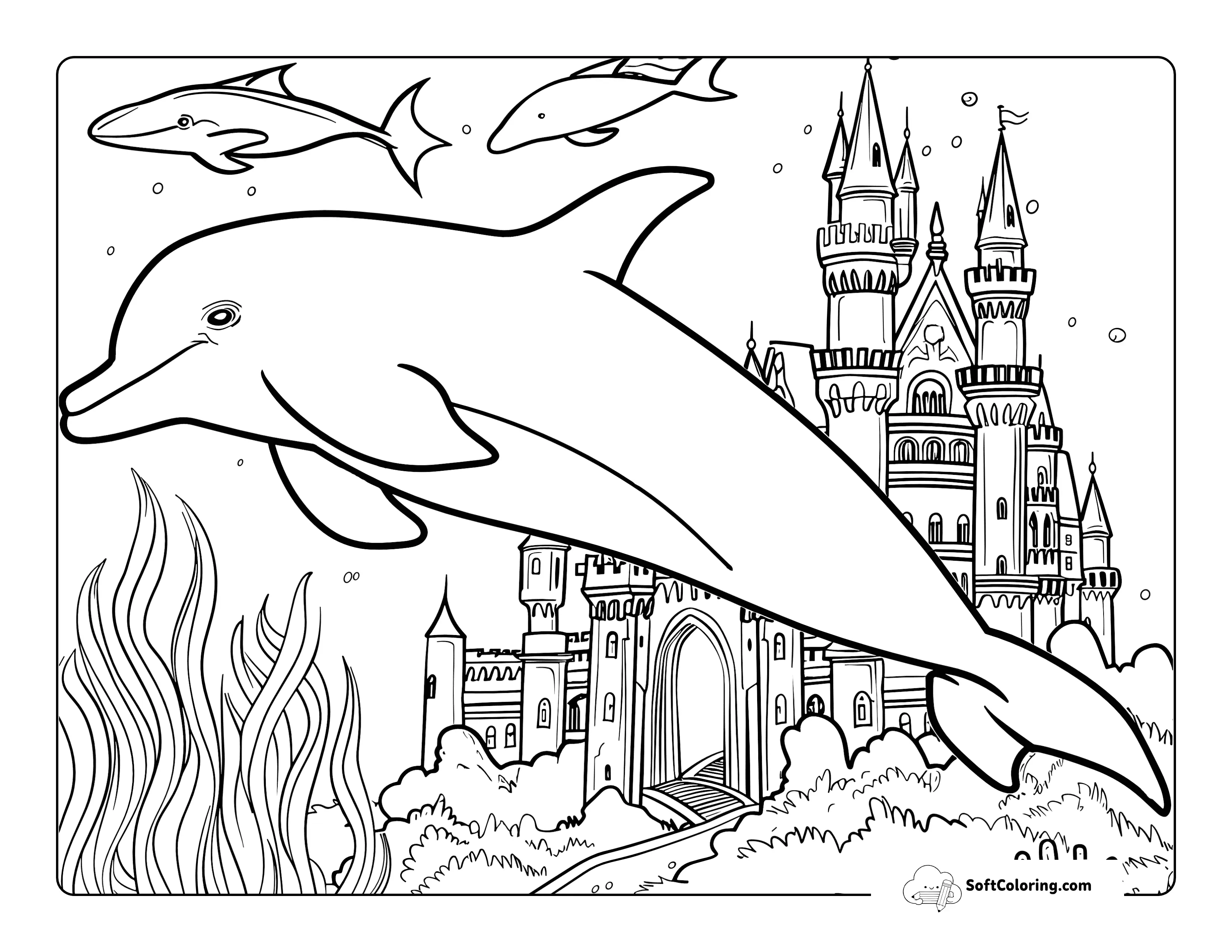 Underwater Dolphin With Castle Coloring Sheet For Adults