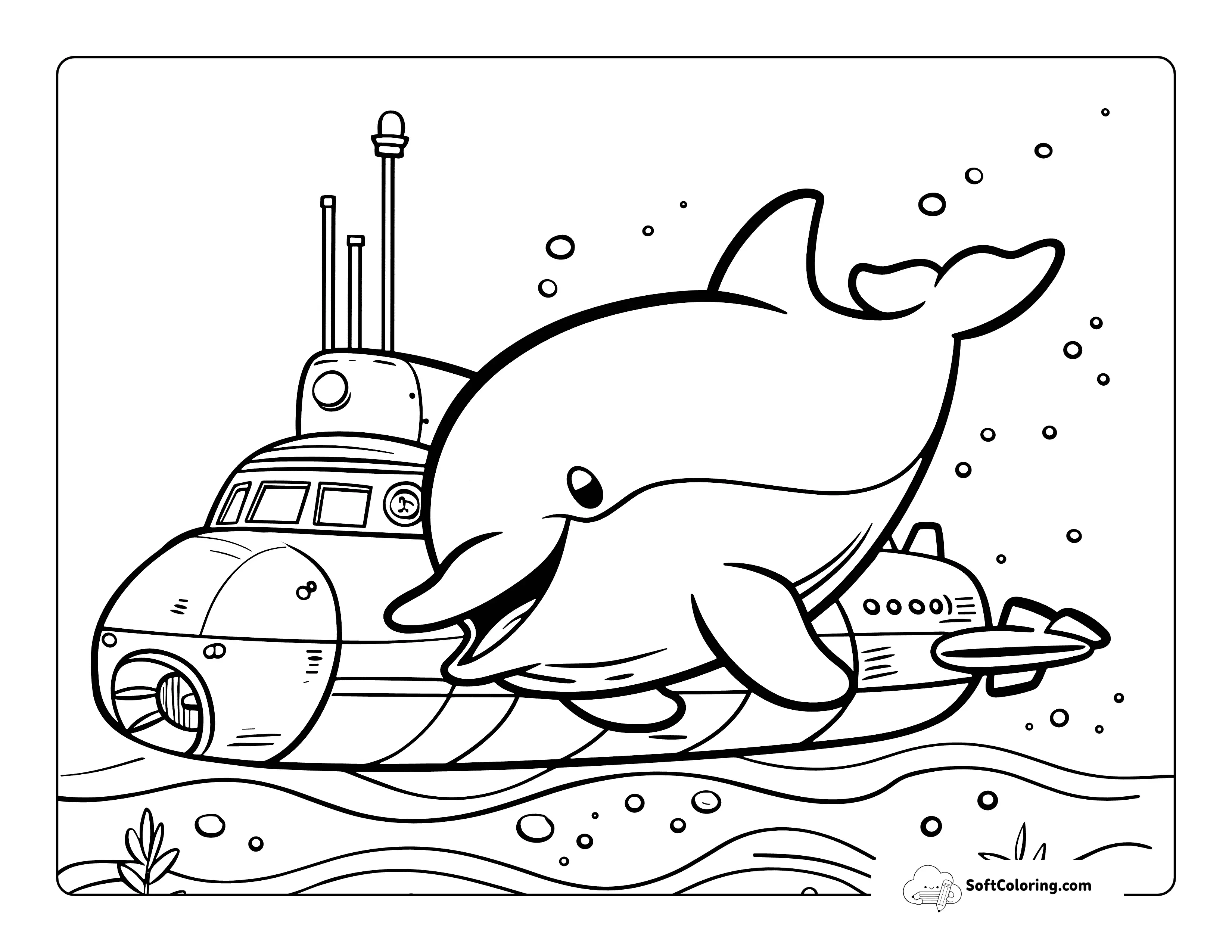 Submarine And Cute Dolphin Coloring Sheet