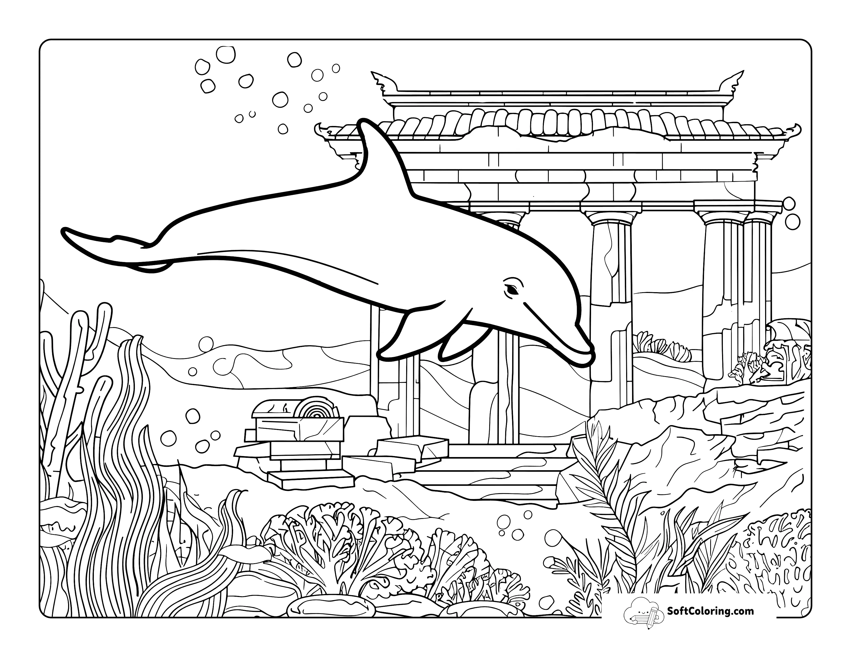 Ancient Ruins Realistic Dolphin Coloring Page For Adults